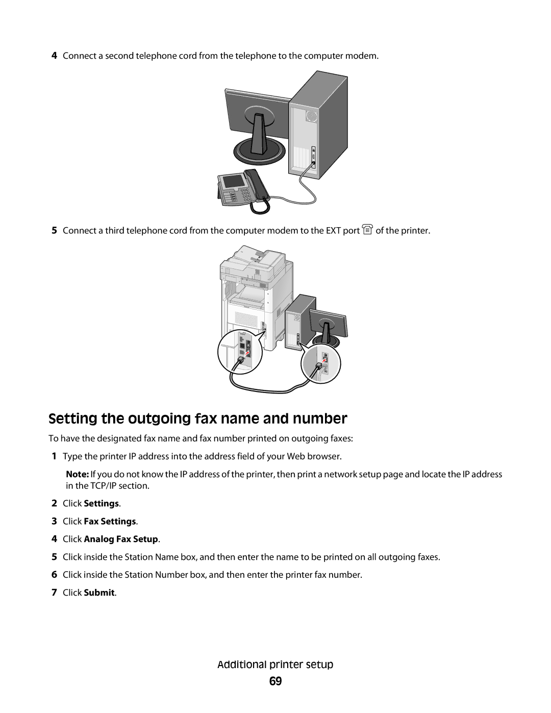 Lexmark 16M1742, X658d Setting the outgoing fax name and number, Click Settings Click Fax Settings Click Analog Fax Setup 