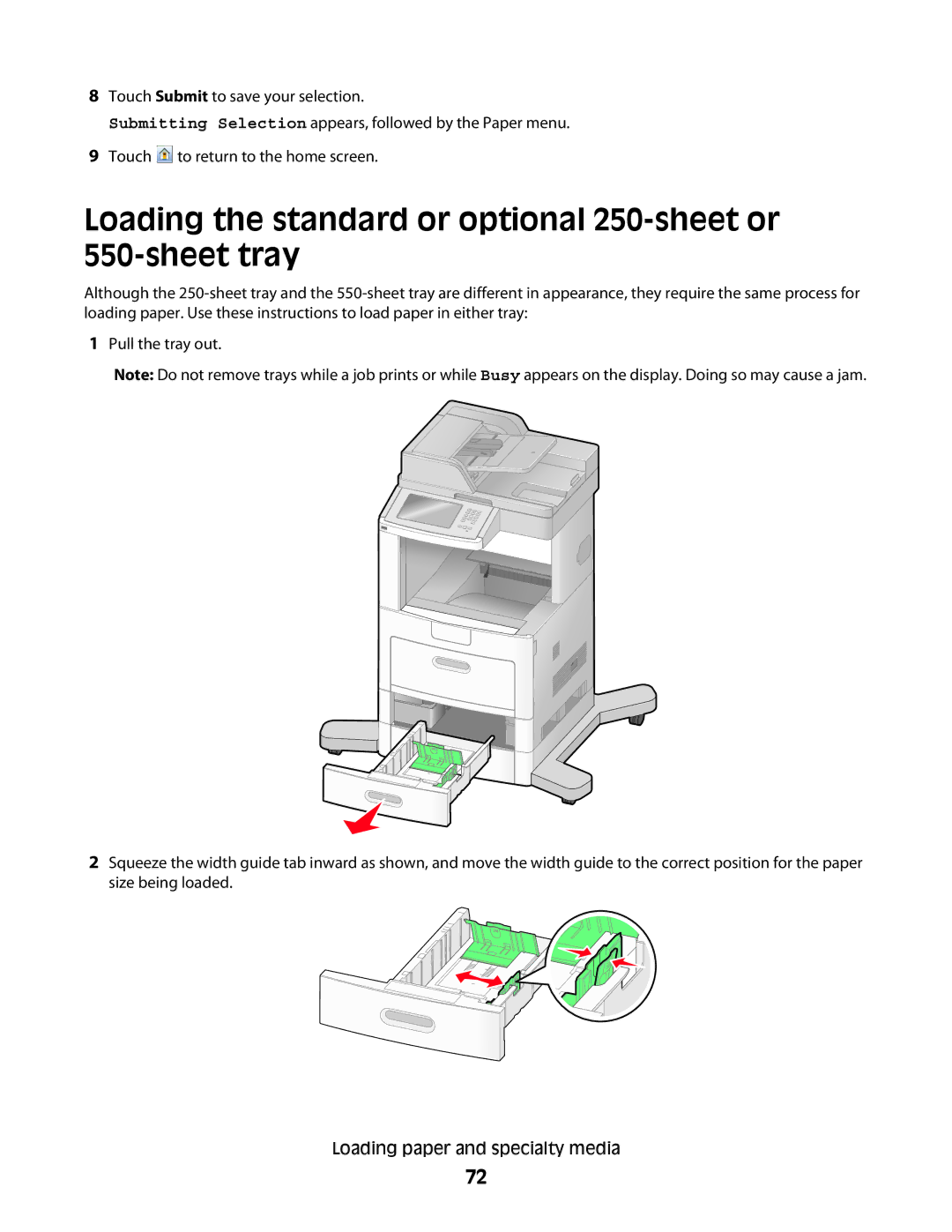 Lexmark 16M1260, 16M1994, 16M1985, 90T7250, X658dtfe, X658dtme Loading the standard or optional 250-sheet or 550-sheet tray 