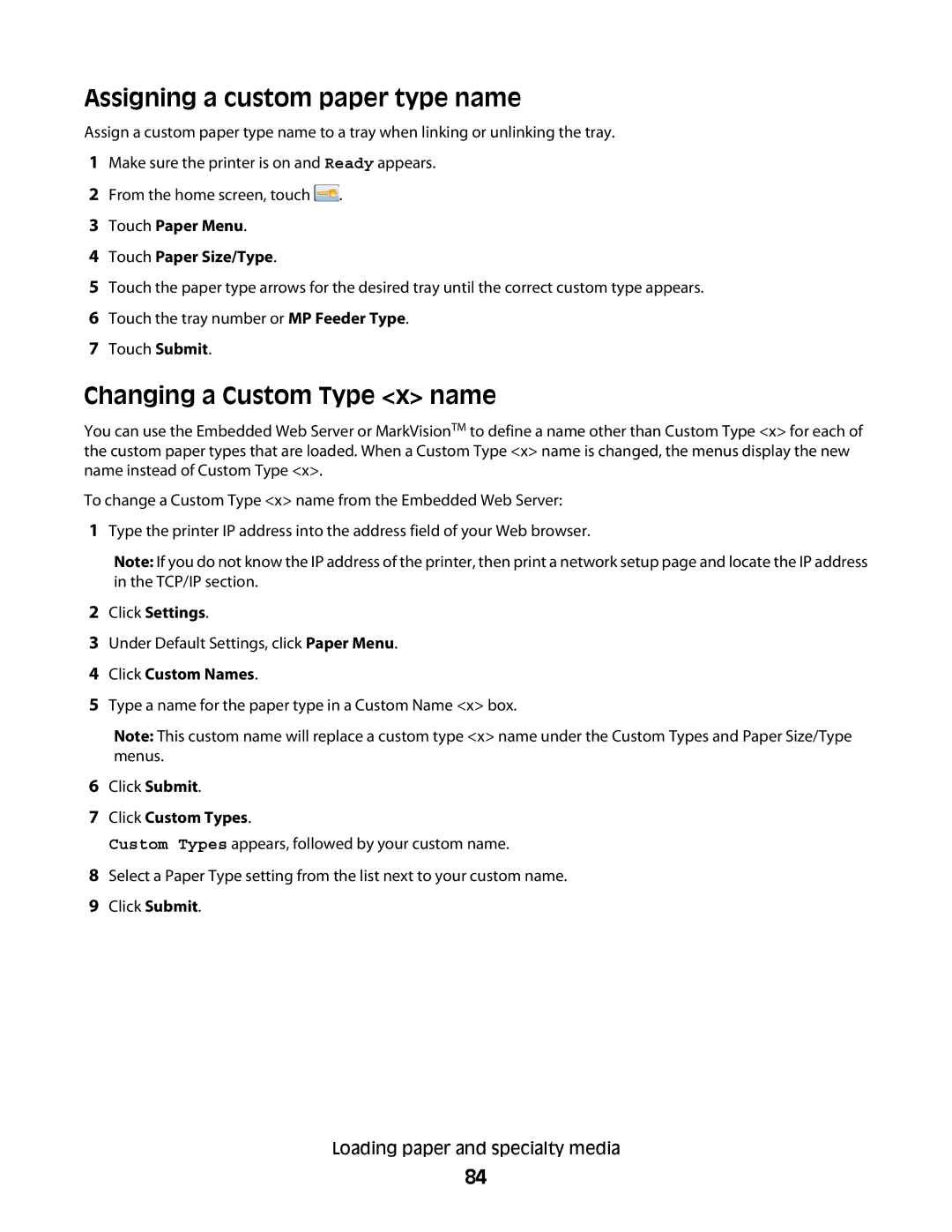 Lexmark X656dte Assigning a custom paper type name, Changing a Custom Type x name, Click Settings, Click Custom Names 