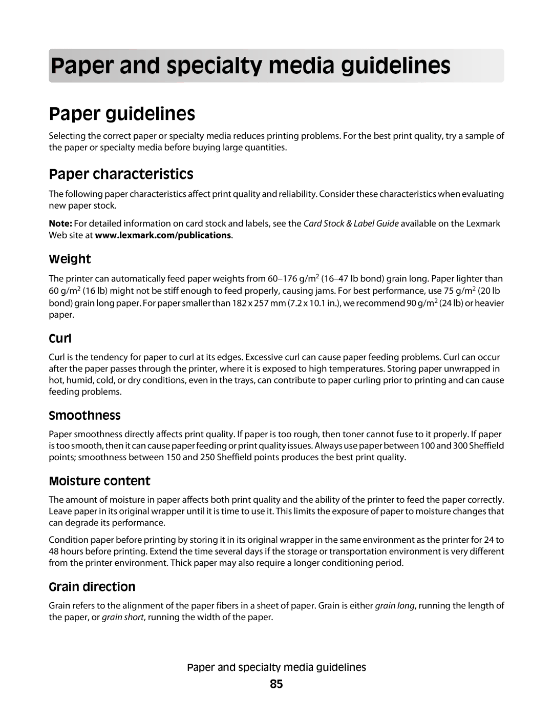 Lexmark X656de, 16M1994, 16M1985, 90T7250 Pap er and specialty m edia g uidelin es, Paper guidelines, Paper characteristics 