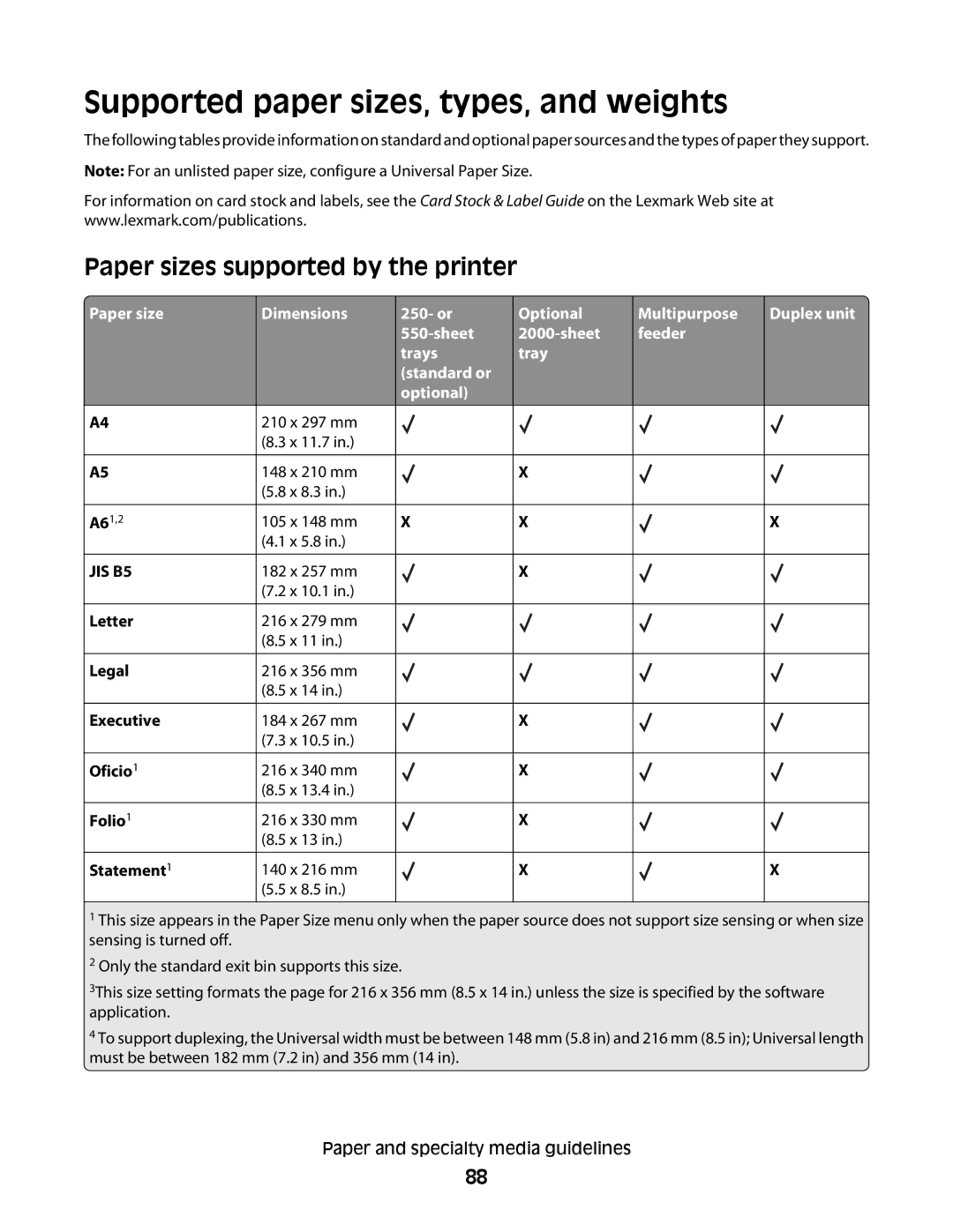 Lexmark 16M1742, 16M1994, 16M1985, 90T7250 Supported paper sizes, types, and weights, Paper sizes supported by the printer 