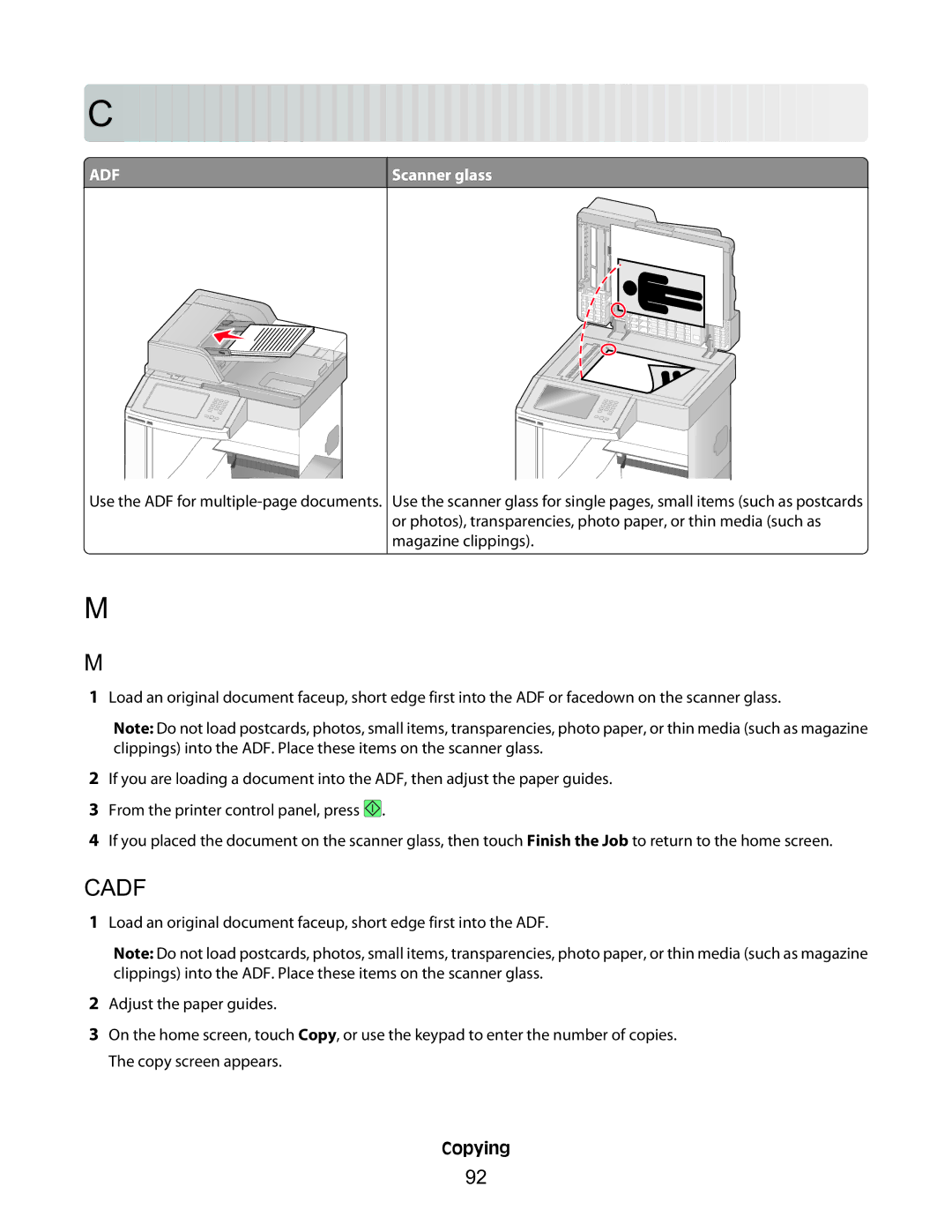 Lexmark 16M1844, 16M1994, 16M1985, 90T7250, X658dfe Cop ying, Making copies, Making a quick copy, Copying using the ADF 