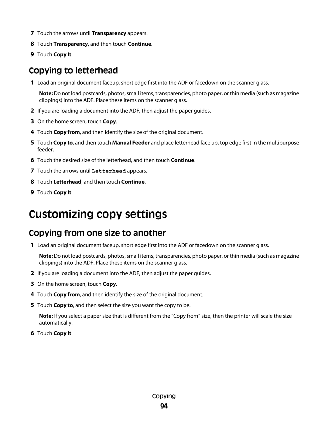 Lexmark 16M1840, 16M1994, 16M1985, X658d Customizing copy settings, Copying to letterhead, Copying from one size to another 