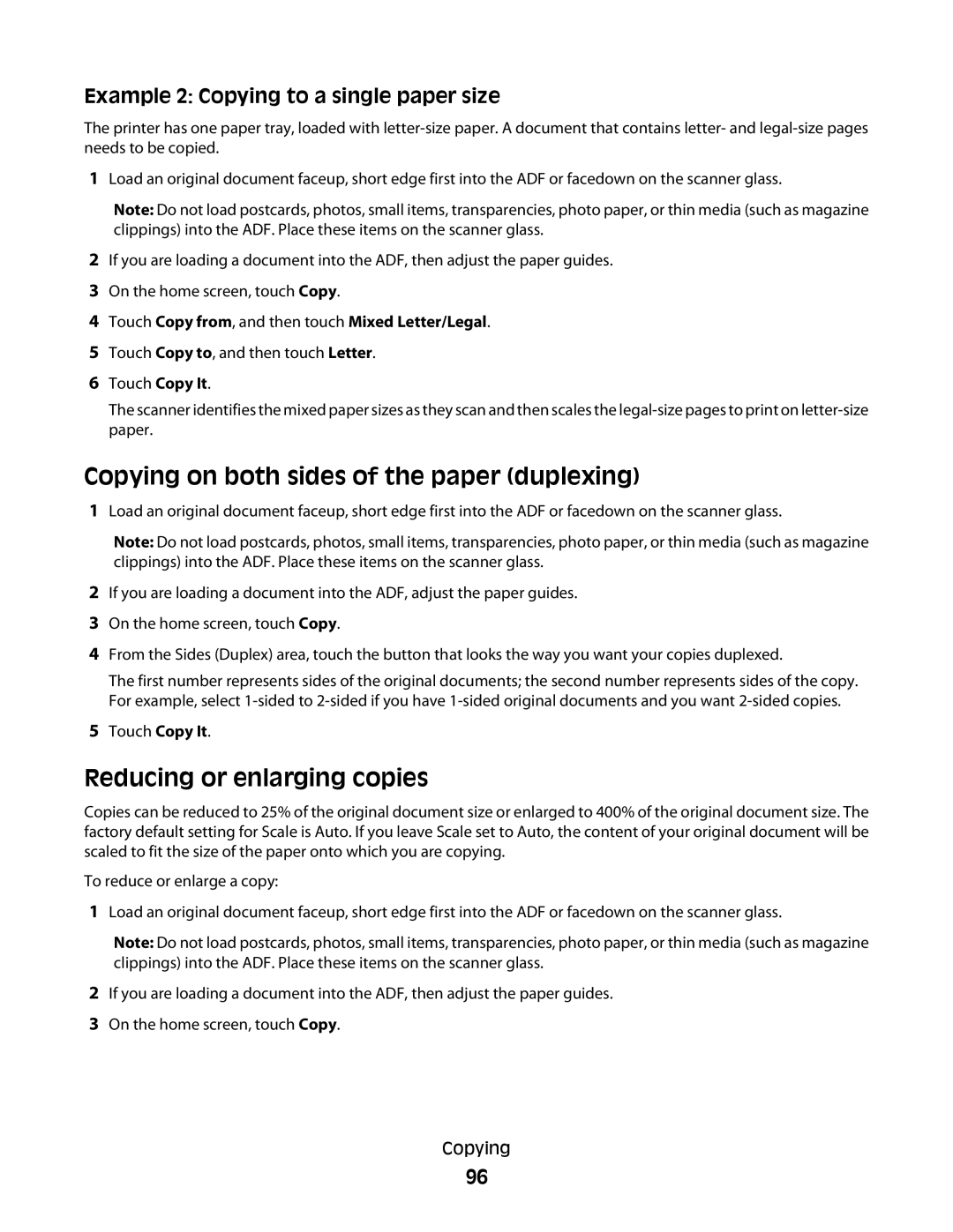 Lexmark 16M1985, 16M1994, 90T7250, X658dtfe Copying on both sides of the paper duplexing, Reducing or enlarging copies 