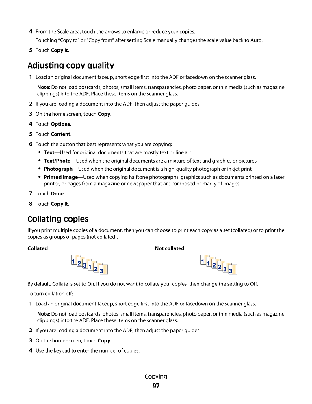 Lexmark 90T7250, 16M1994, 16M1985, X658dtfe, X658dtme, X658dfe, X658dme Adjusting copy quality, Collating copies, Collated 