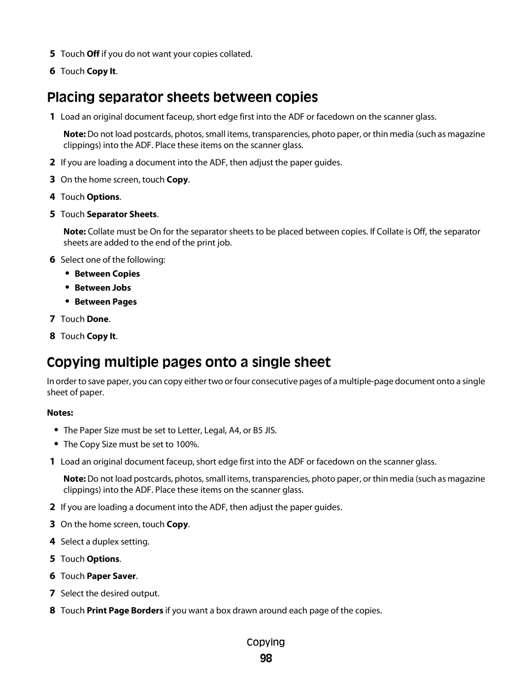 Lexmark X658d Placing separator sheets between copies, Copying multiple pages onto a single sheet, Touch Separator Sheets 