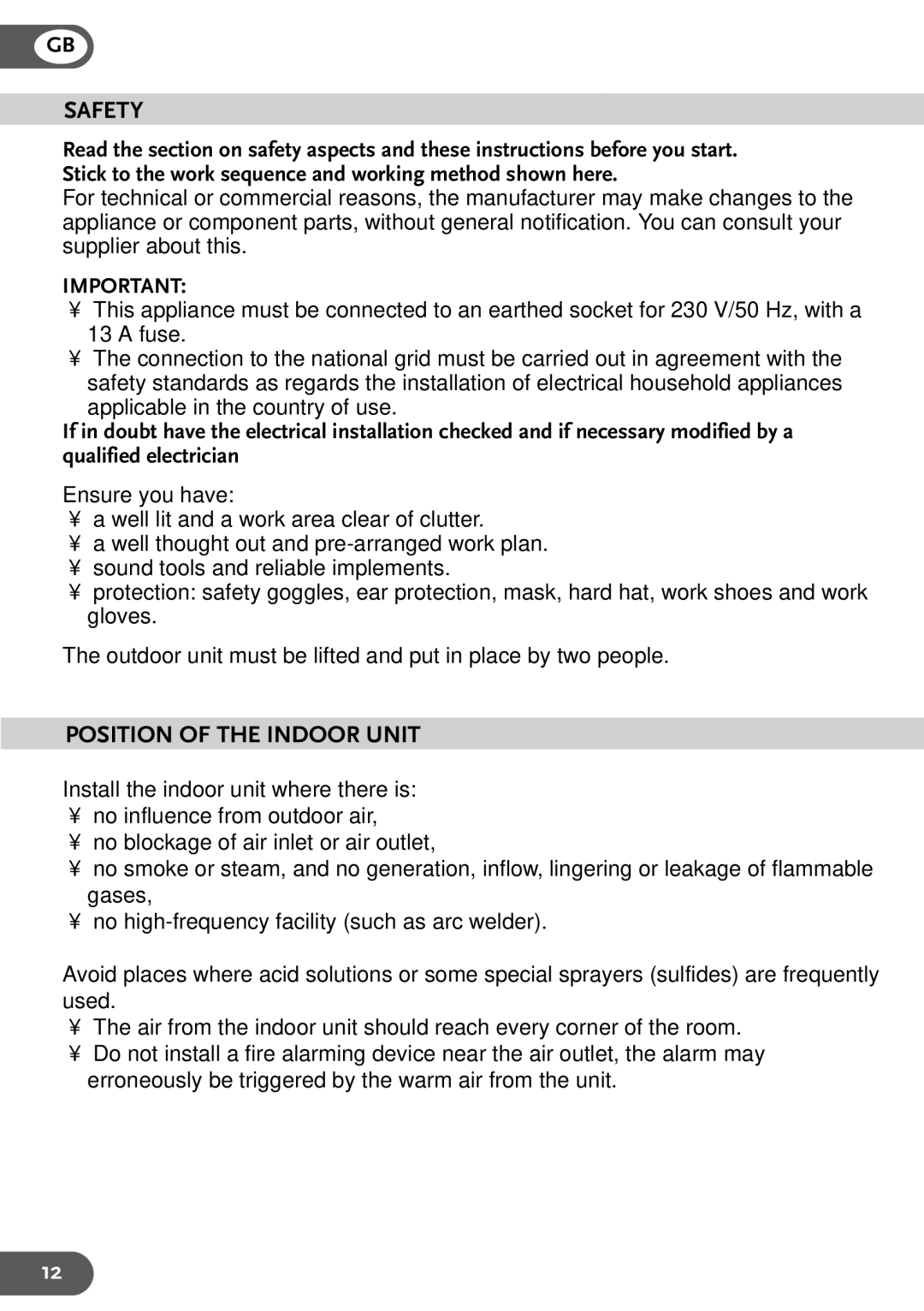 Lexmark 18EZ, 12EZ, 9EZ user manual Safety, Position of the Indoor Unit 