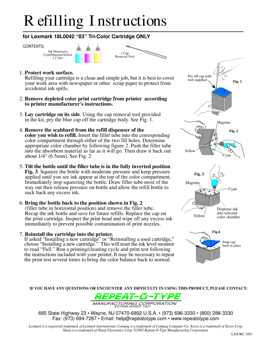 Lexmark manual Refilling Instructions, For Lexmark 18L0042 83 Tri-Color Cartridge only, Protect work surface 