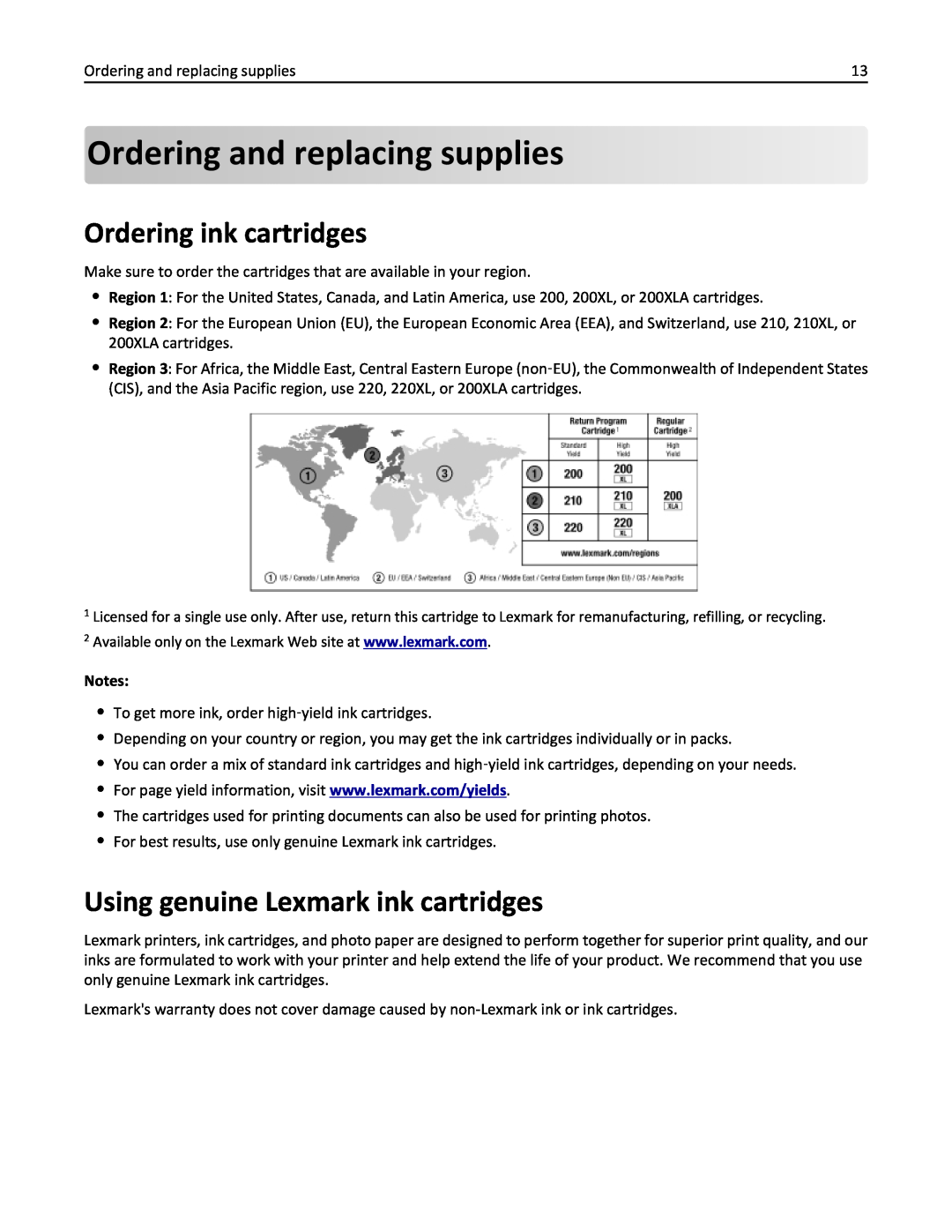 Lexmark 200, 20E Ordering and replacing supplies, Ordering ink cartridges, Using genuine Lexmark ink cartridges, Notes 