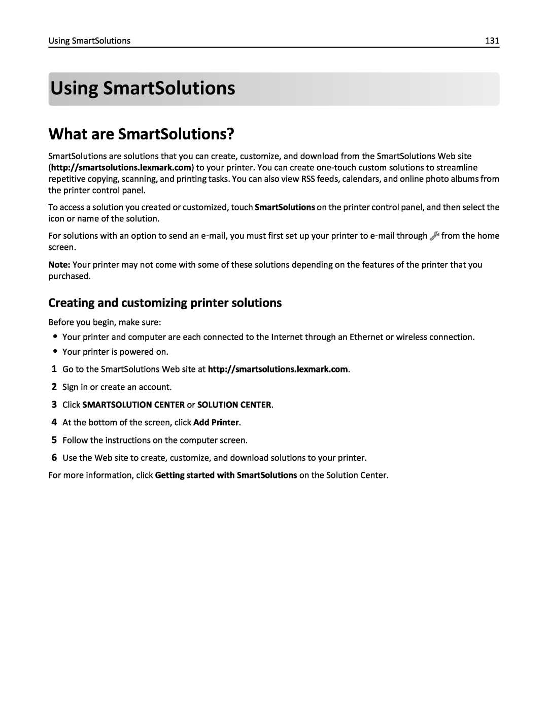Lexmark 200, 20E manual Using SmartSolutions, What are SmartSolutions?, Creating and customizing printer solutions 
