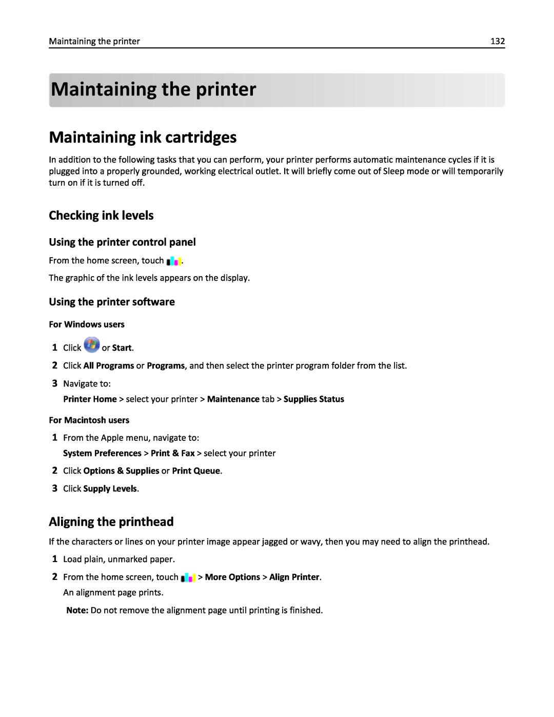 Lexmark 20E, 200 manual Maintaining the printer, Maintaining ink cartridges, Checking ink levels, Aligning the printhead 