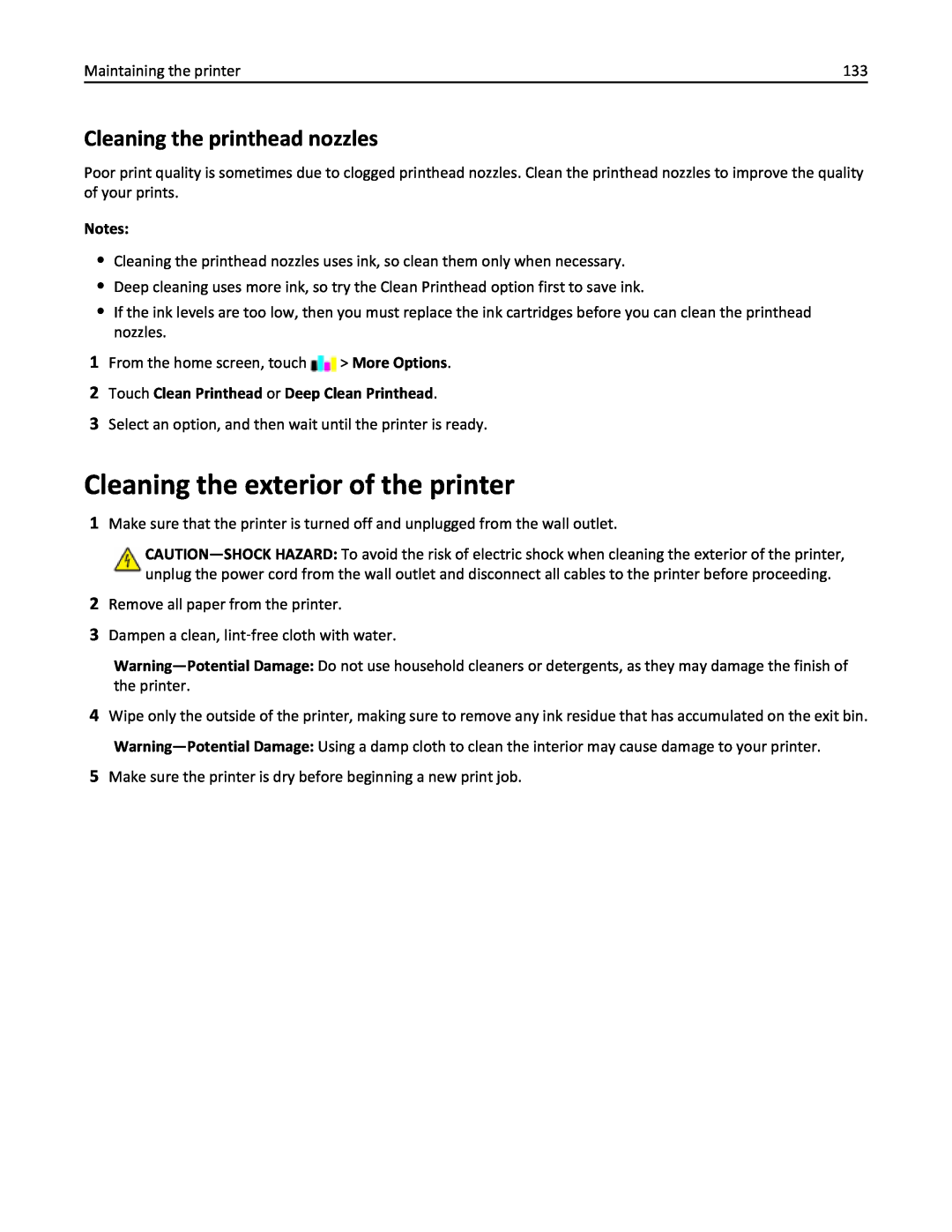 Lexmark 200, 20E manual Cleaning the exterior of the printer, Cleaning the printhead nozzles, Notes 