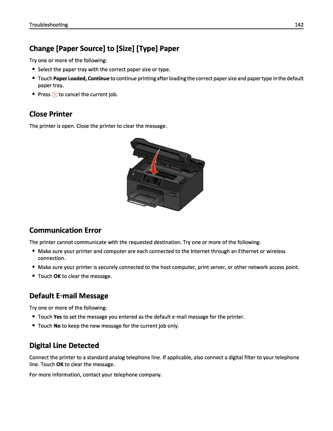 Lexmark 20E, 200 manual Change Paper Source to Size Type Paper, Close Printer, Communication Error, Default E‑mail Message 