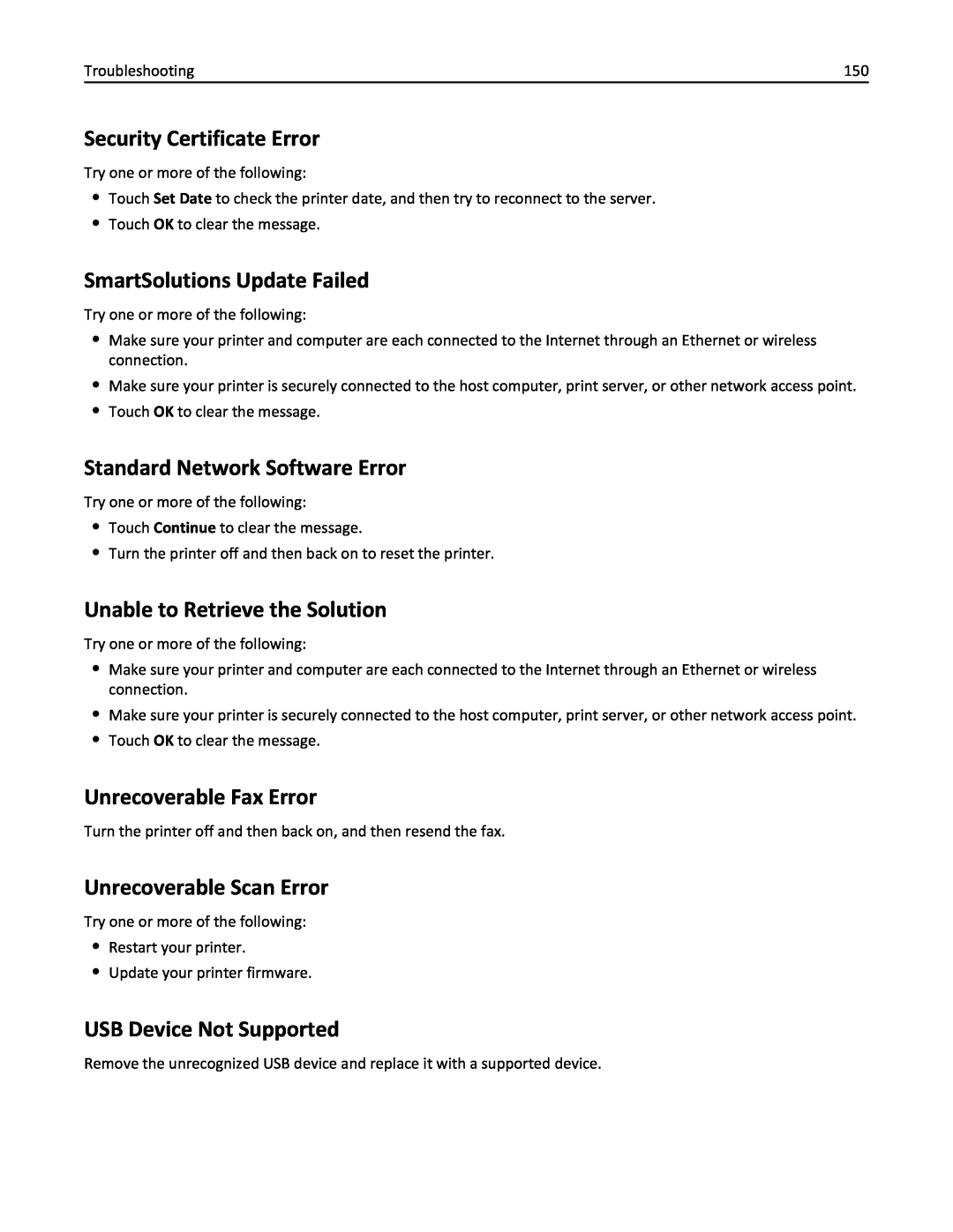 Lexmark 20E, 200 manual Security Certificate Error, SmartSolutions Update Failed, Standard Network Software Error 