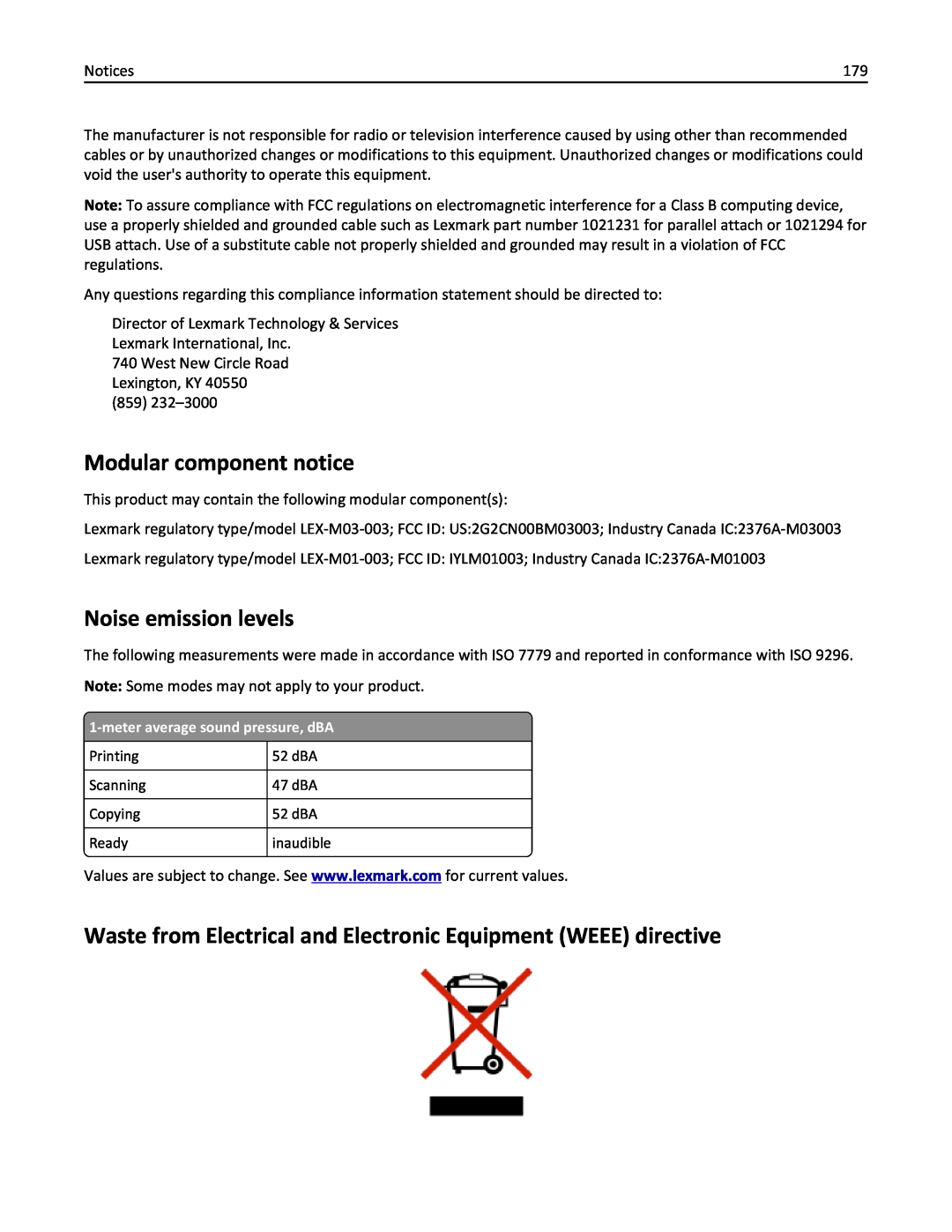 Lexmark 200, 20E manual Modular component notice, Noise emission levels 