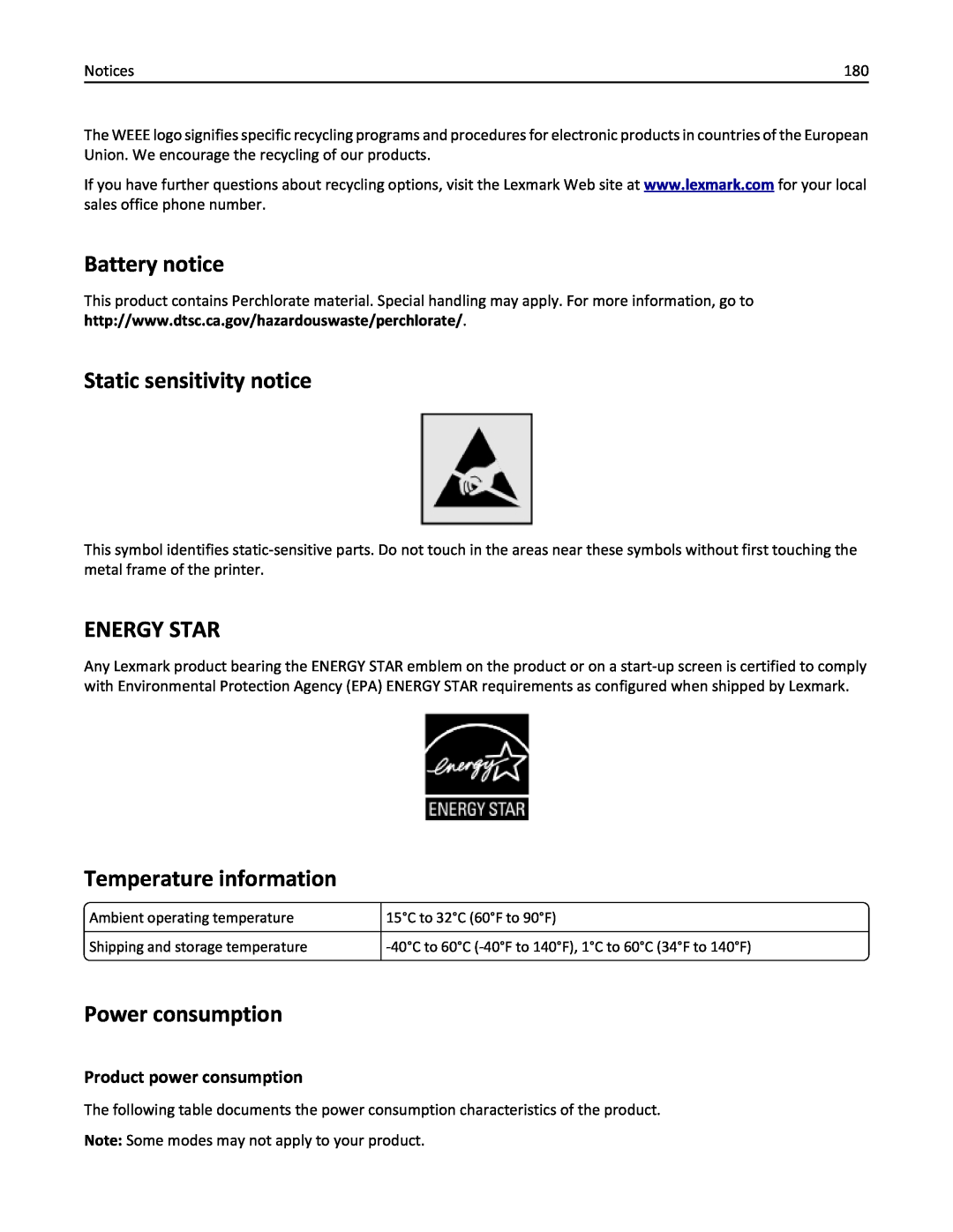 Lexmark 20E, 200 manual Battery notice, Static sensitivity notice, Energy Star, Temperature information, Power consumption 