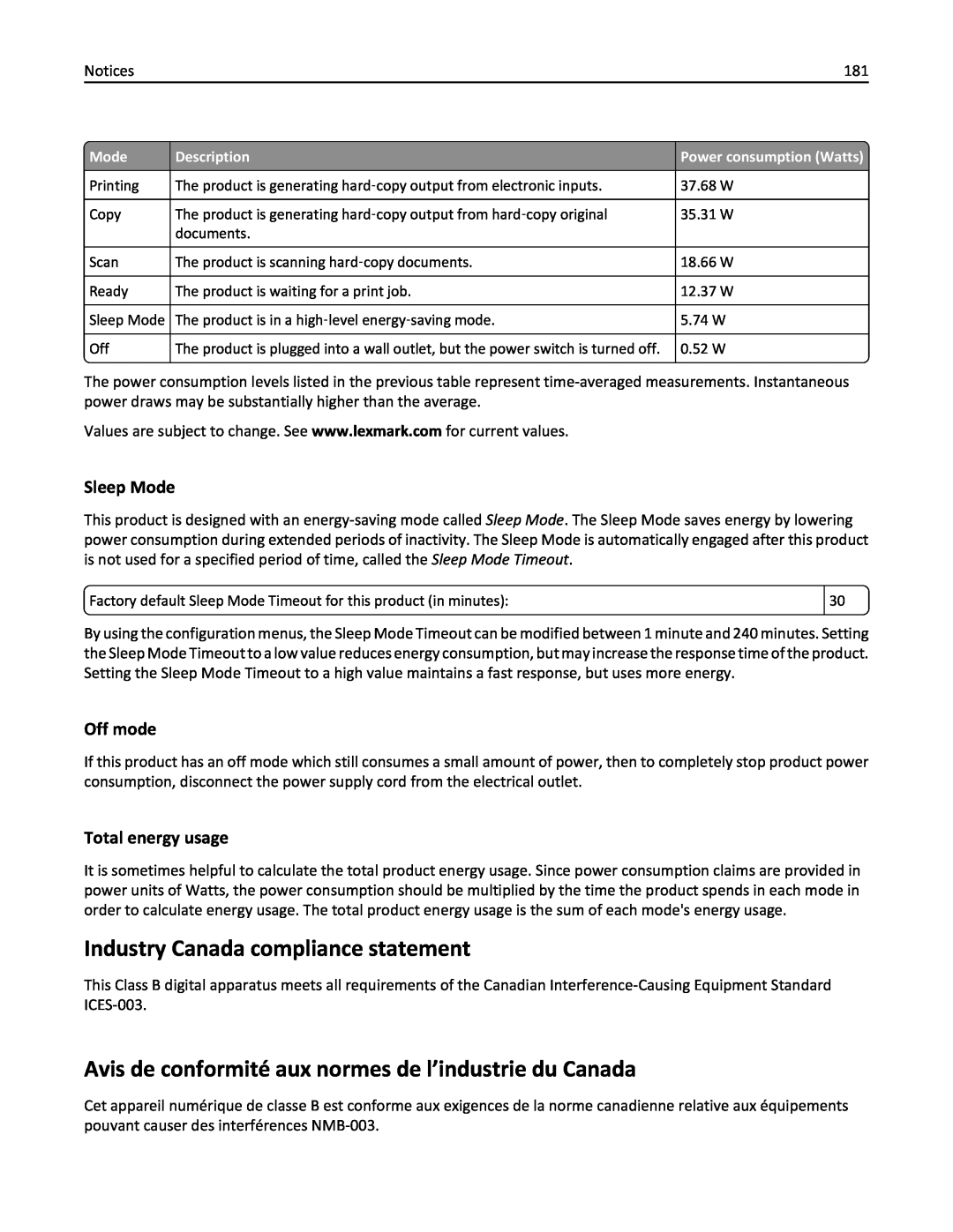Lexmark 200, 20E manual Industry Canada compliance statement, Sleep Mode, Off mode, Total energy usage 