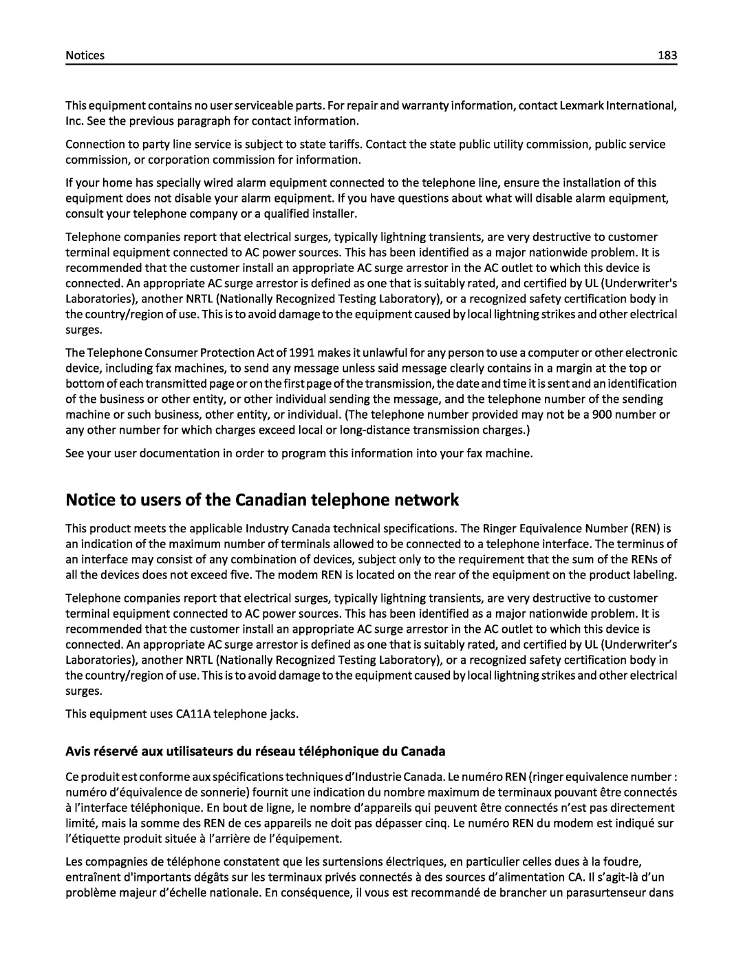 Lexmark 200, 20E manual Notice to users of the Canadian telephone network 