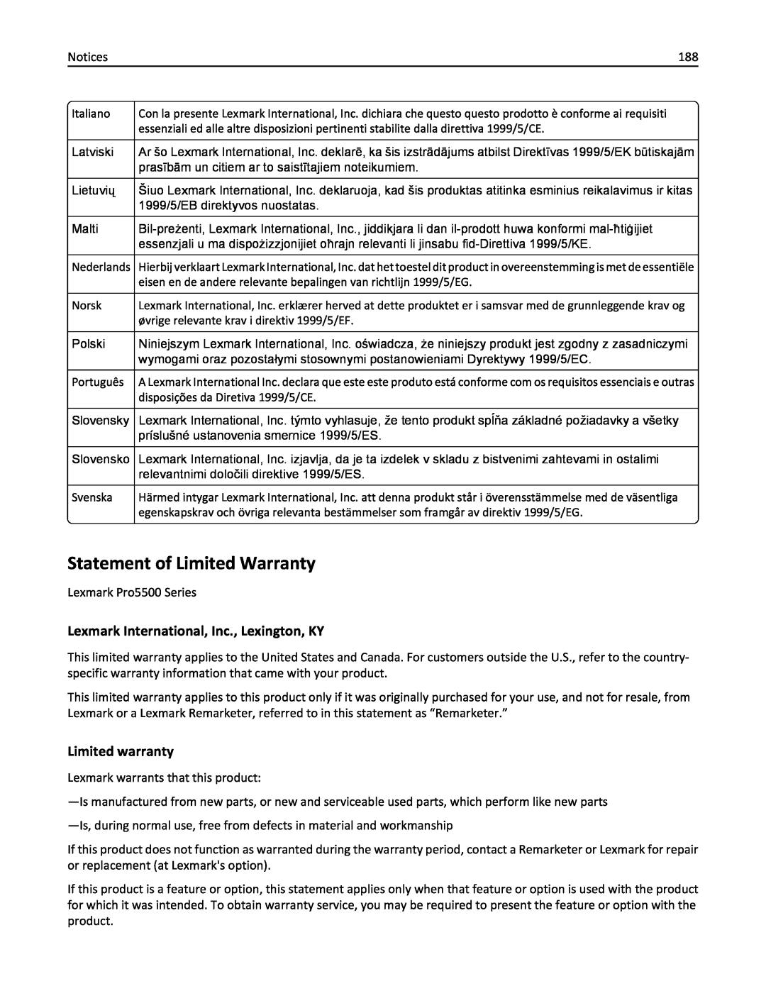 Lexmark 20E, 200 manual Statement of Limited Warranty, Lexmark International, Inc., Lexington, KY, Limited warranty 
