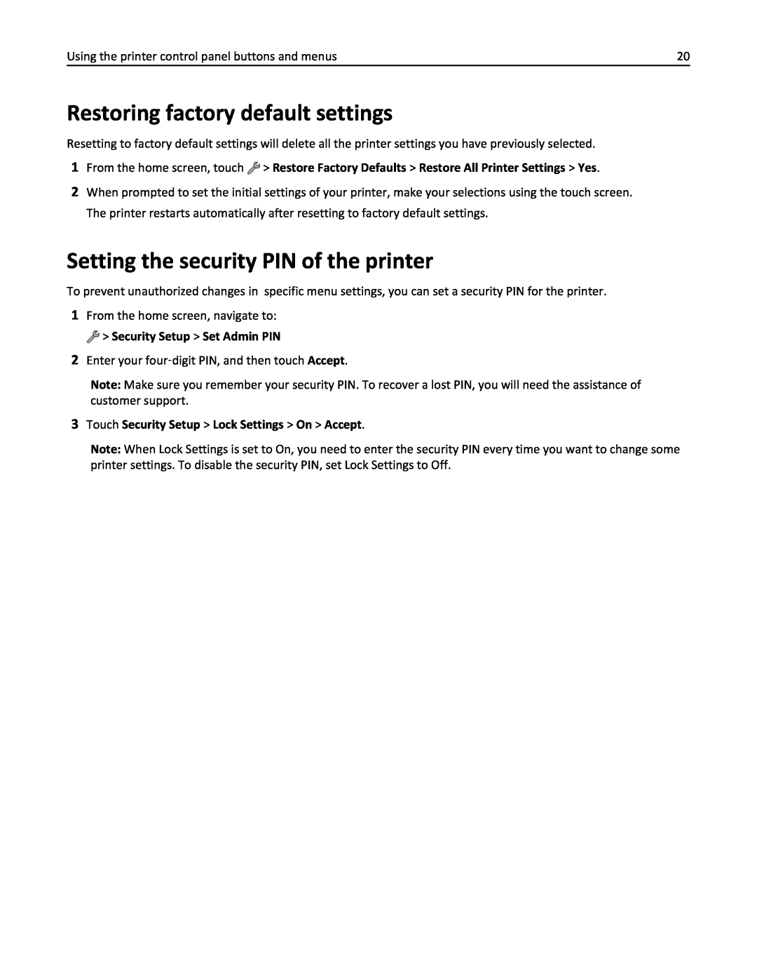 Lexmark 20E, 200 manual Restoring factory default settings, Setting the security PIN of the printer 
