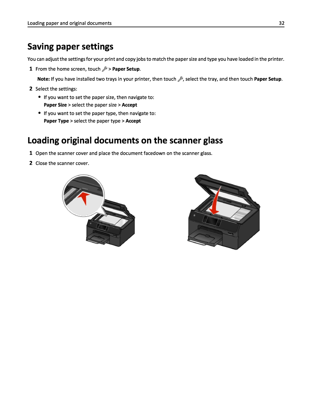 Lexmark 20E, 200 manual Saving paper settings, Loading original documents on the scanner glass 