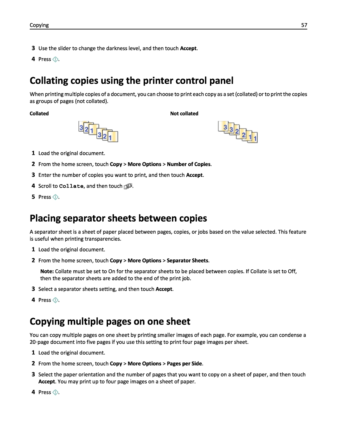 Lexmark 200, 20E manual Collating copies using the printer control panel, Placing separator sheets between copies 