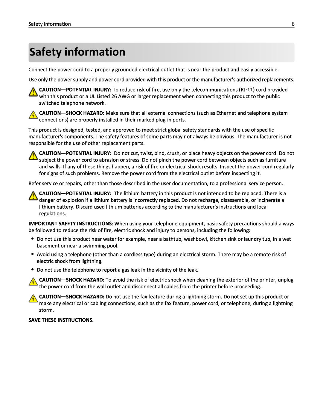Lexmark 20E, 200 manual Safety information, Save These Instructions 