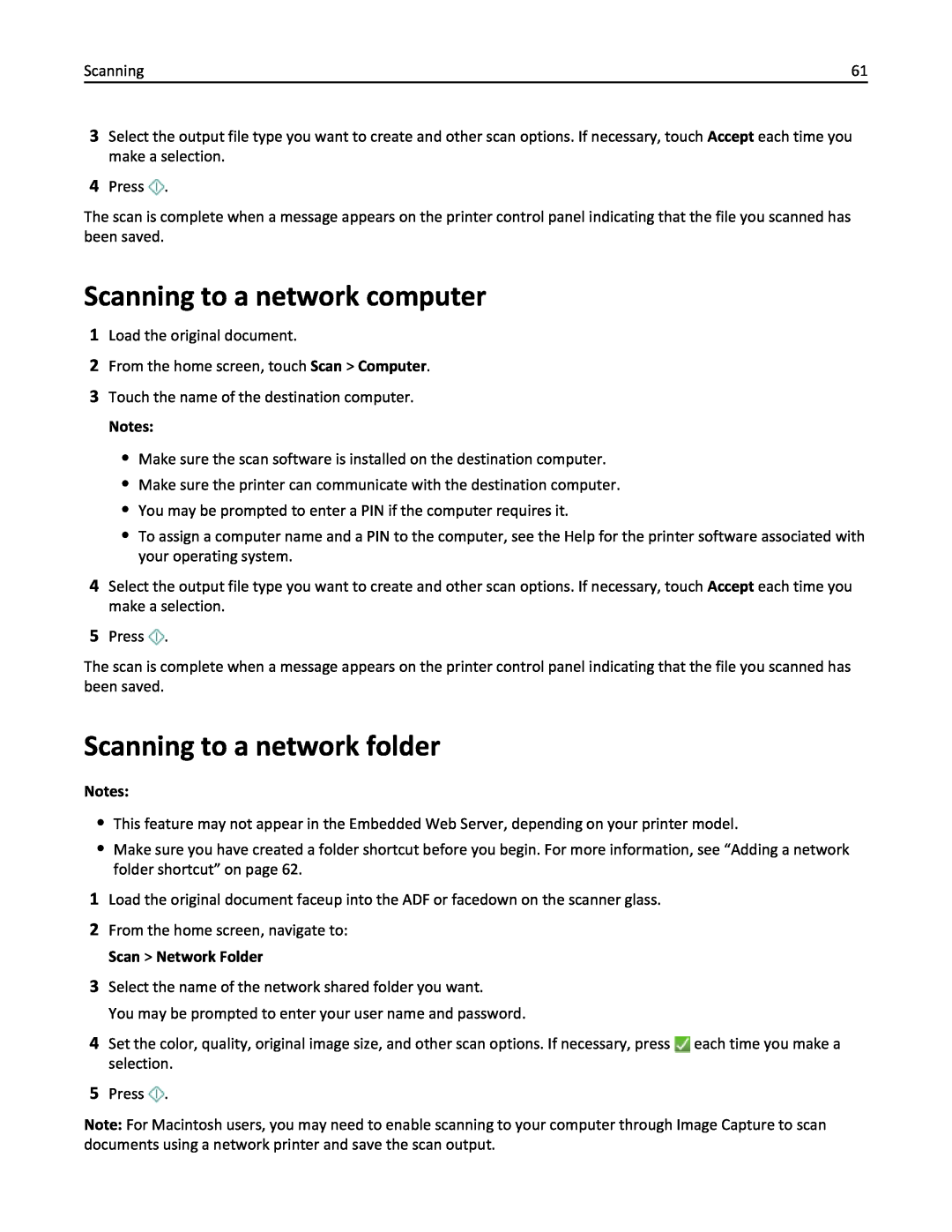 Lexmark 200, 20E manual Scanning to a network computer, Scanning to a network folder, Notes 