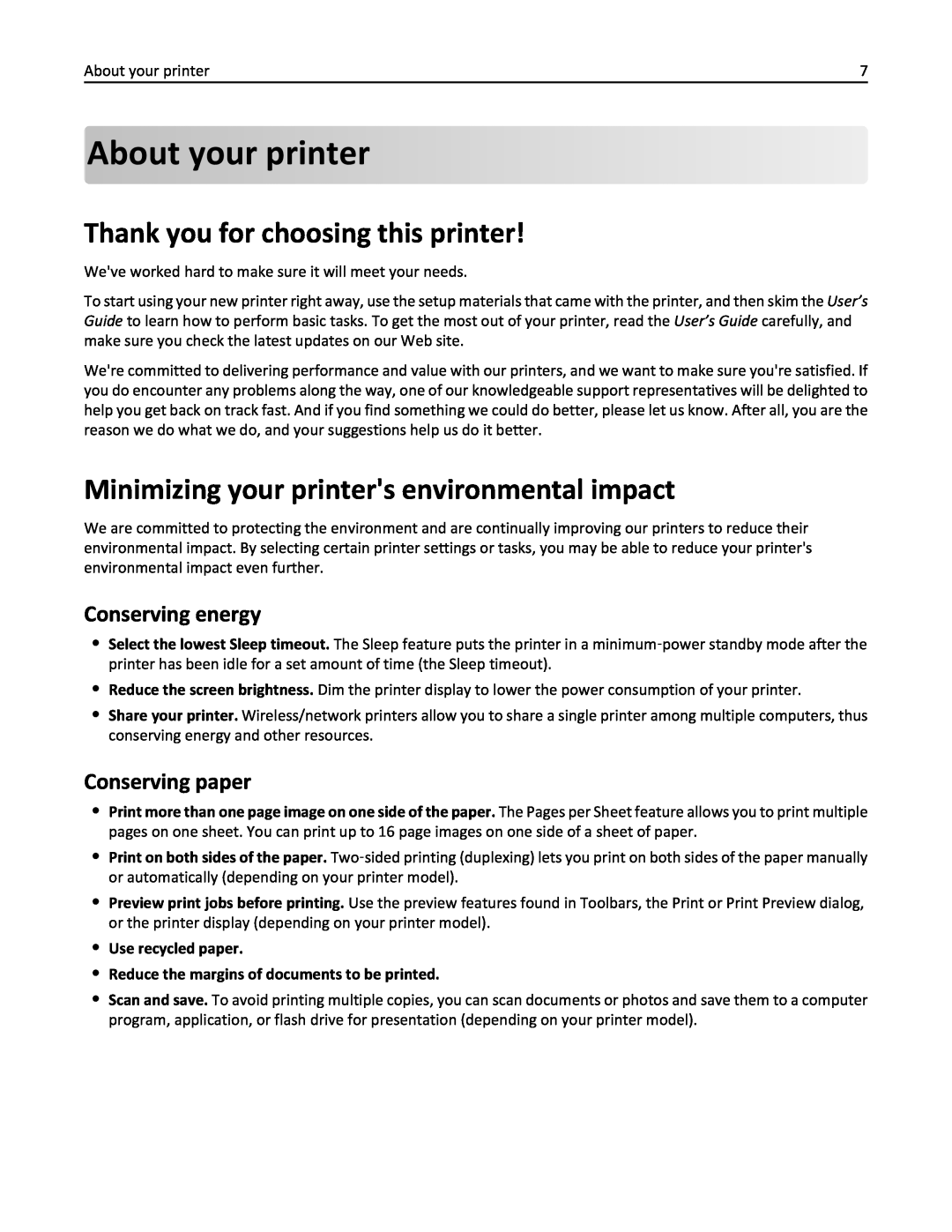Lexmark 200, 20E About your printer, Thank you for choosing this printer, Minimizing your printers environmental impact 