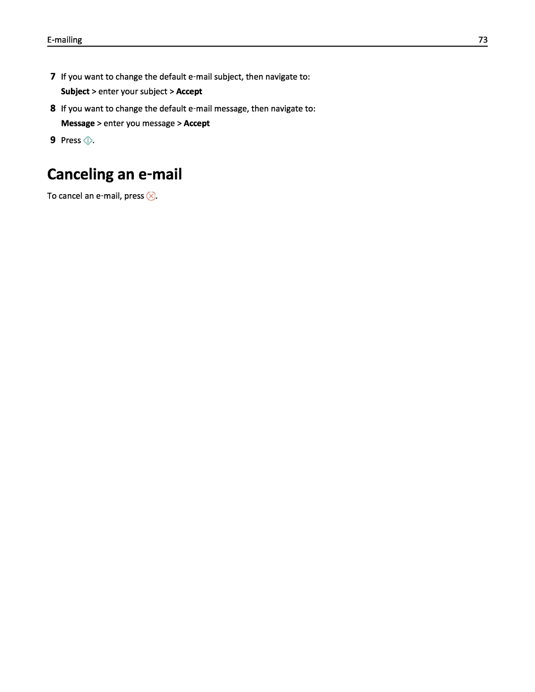 Lexmark 200, 20E manual Canceling an e‑mail, E-mailing, 9Press, To cancel an e‑mail, press 