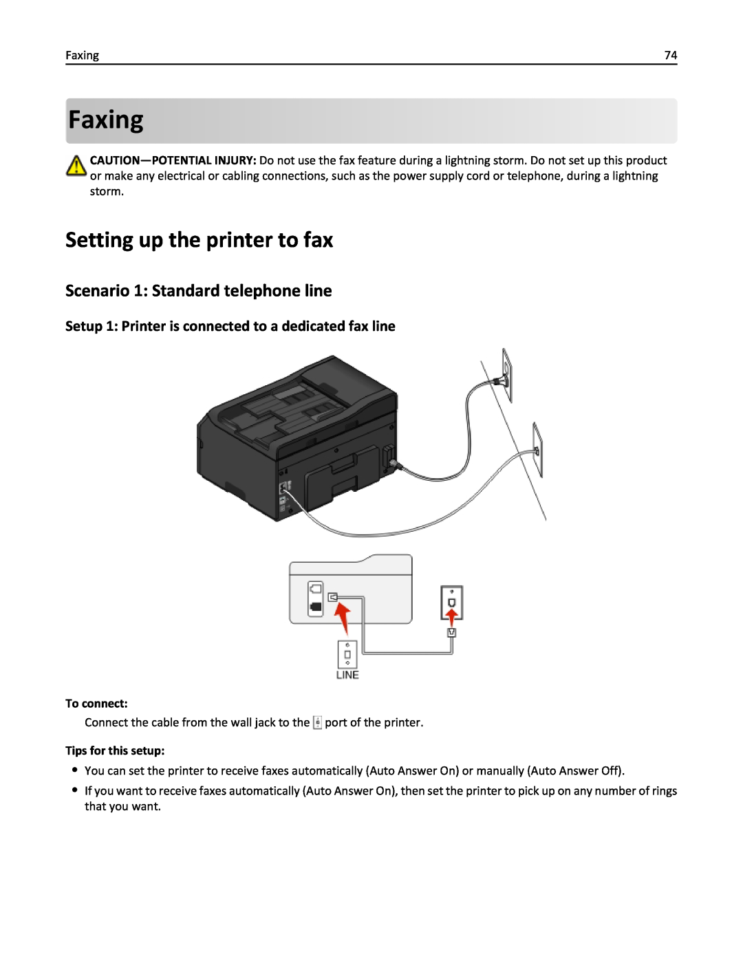 Lexmark 20E Faxing, Setting up the printer to fax, Scenario 1: Standard telephone line, To connect, Tips for this setup 