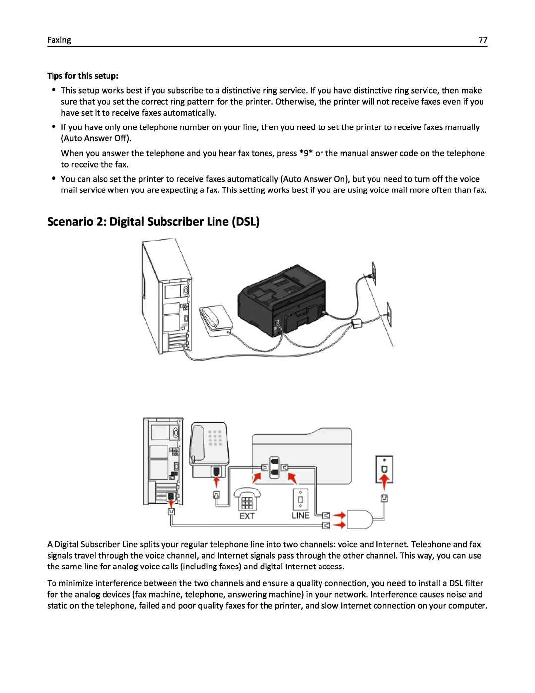 Lexmark 200, 20E manual Scenario 2: Digital Subscriber Line DSL, Tips for this setup 