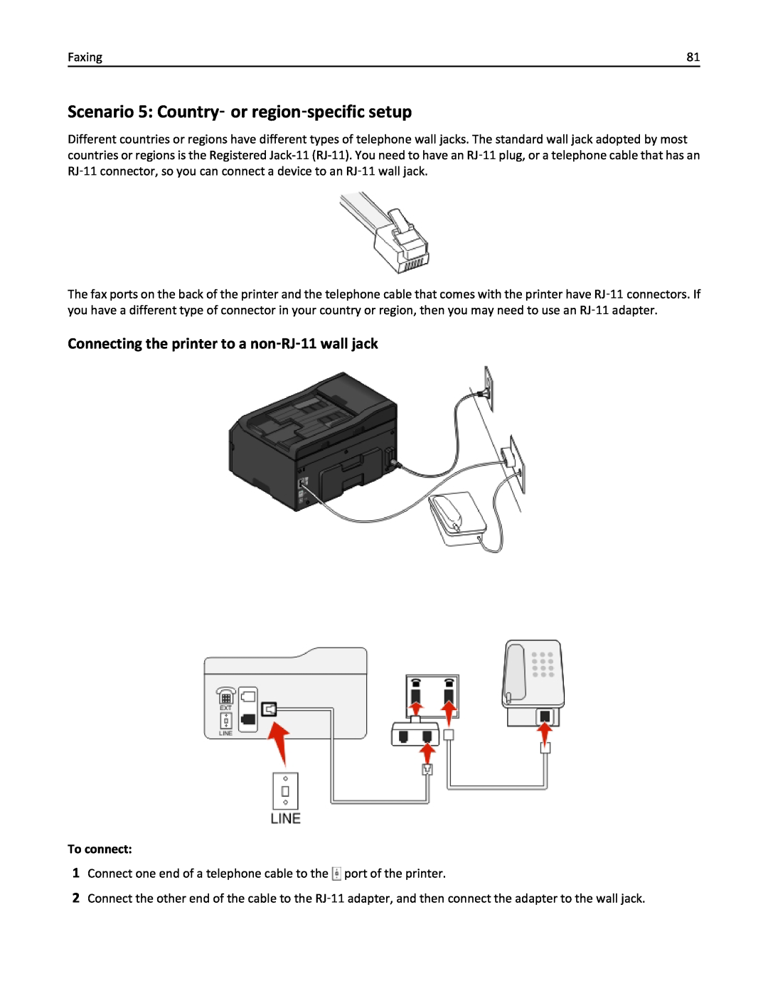 Lexmark 200 Scenario 5: Country‑ or region‑specific setup, Connecting the printer to a non‑RJ‑11 wall jack, To connect 