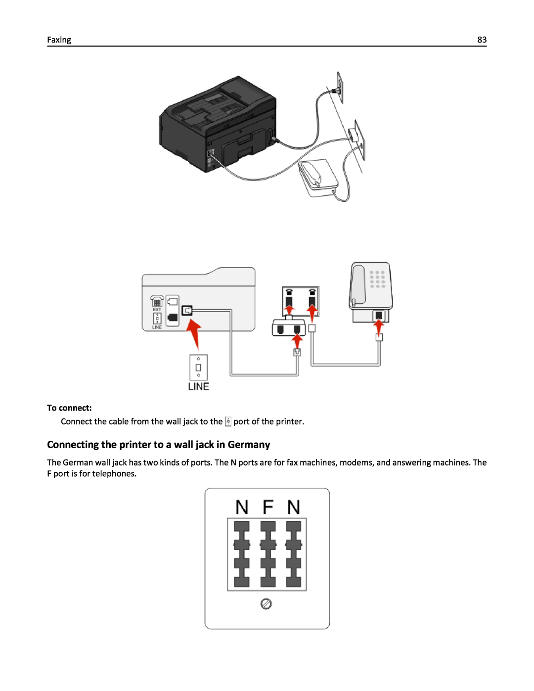 Lexmark 200, 20E manual Connecting the printer to a wall jack in Germany, Faxing, To connect 
