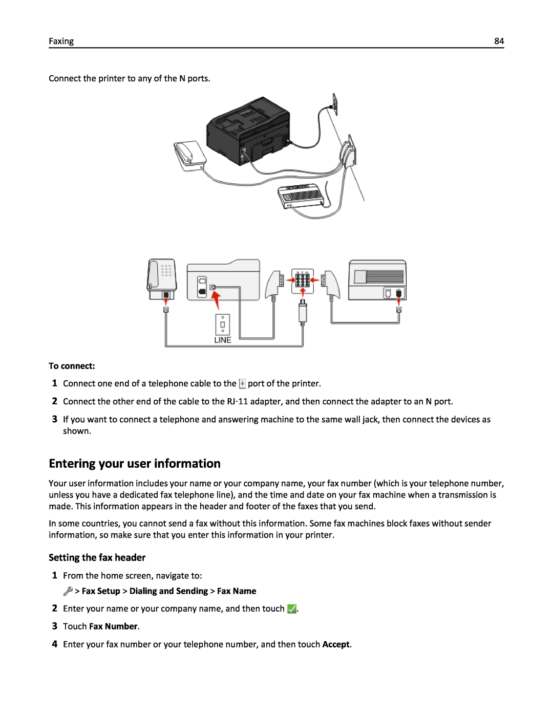 Lexmark 20E, 200 manual Entering your user information, Setting the fax header, To connect, Touch Fax Number 