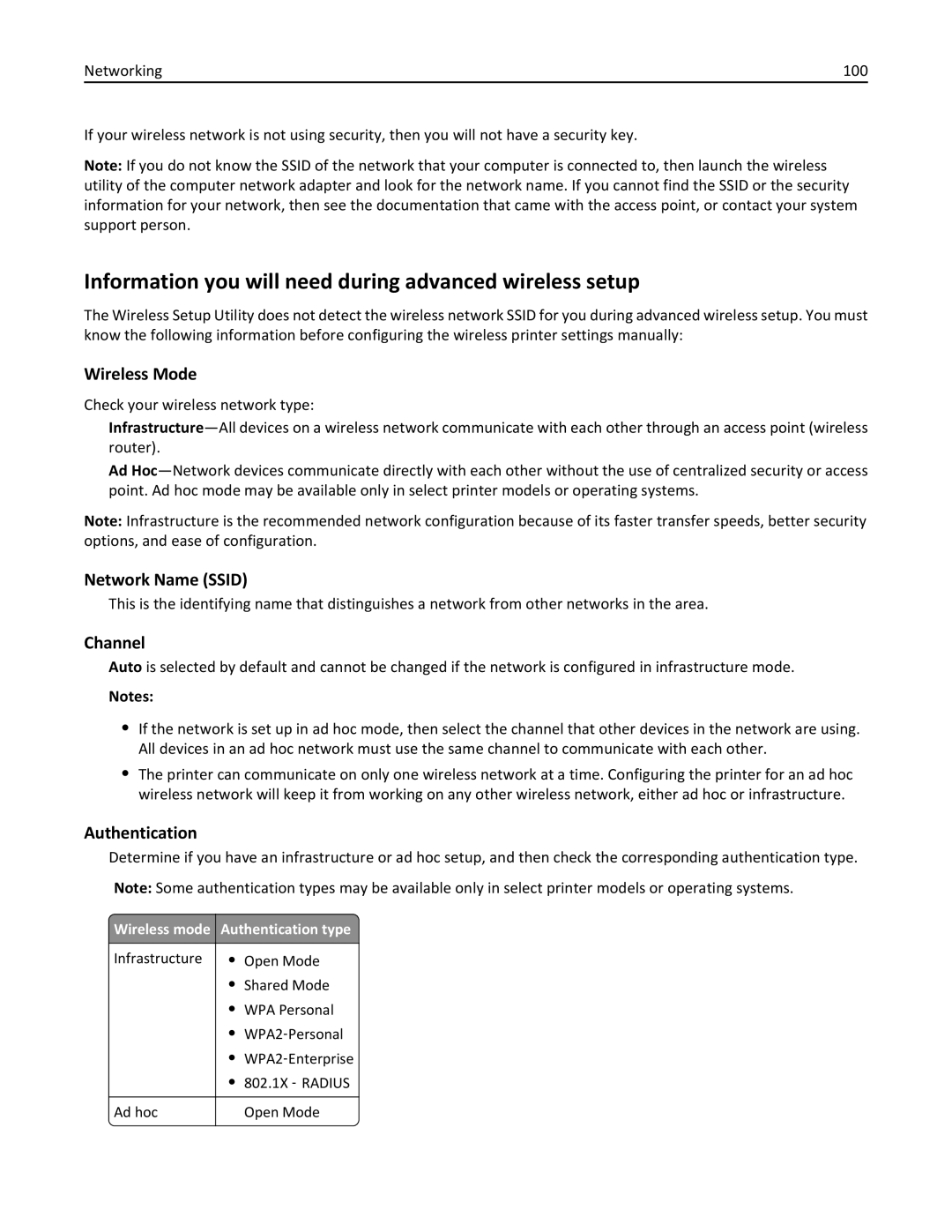 Lexmark 20E, 200 manual Information you will need during advanced wireless setup, Wireless Mode, Network Name Ssid, Channel 