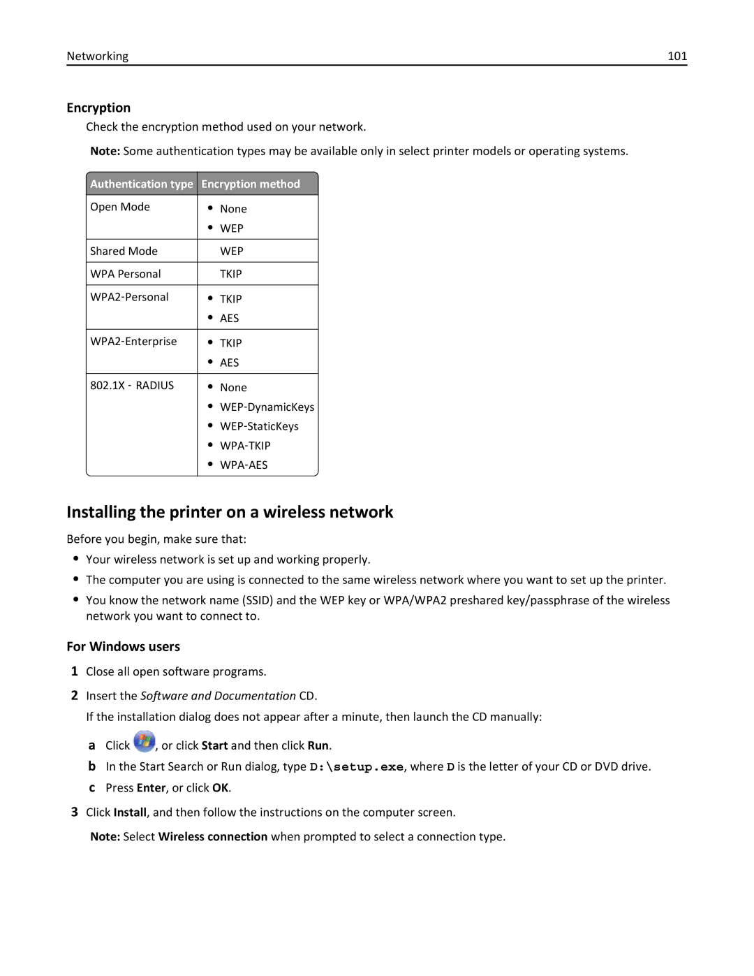 Lexmark 200, 20E manual Installing the printer on a wireless network, Authentication type Encryption method 