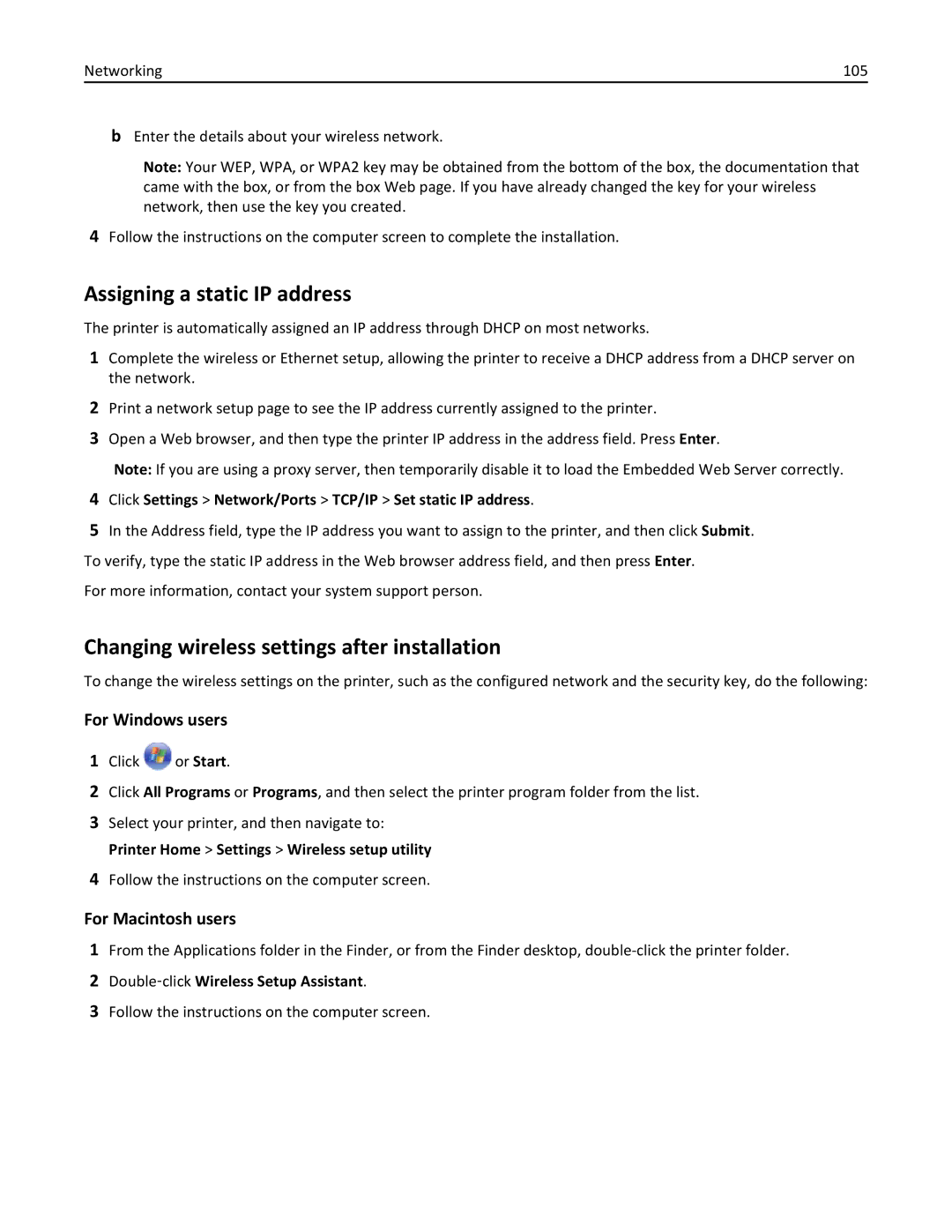 Lexmark 200, 20E manual Assigning a static IP address, Changing wireless settings after installation 