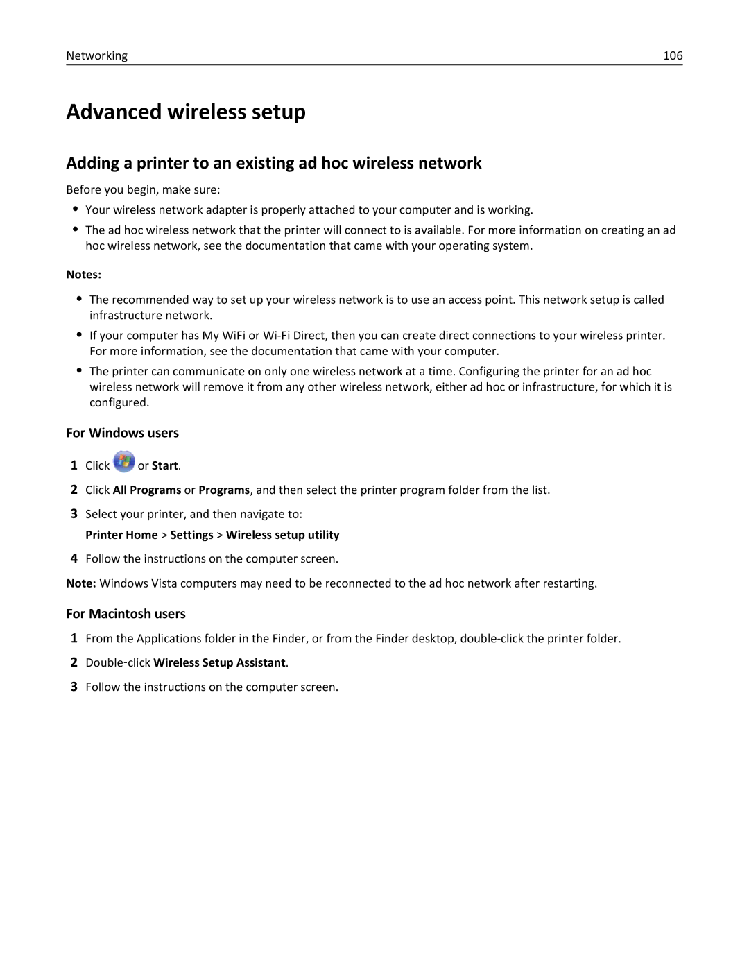 Lexmark 20E, 200 manual Advanced wireless setup, Adding a printer to an existing ad hoc wireless network 