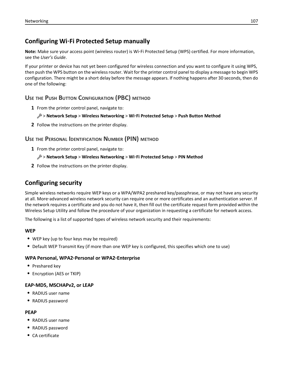 Lexmark 200, 20E Configuring Wi‑Fi Protected Setup manually, Configuring security, EAP‑MD5, MSCHAPv2, or Leap 