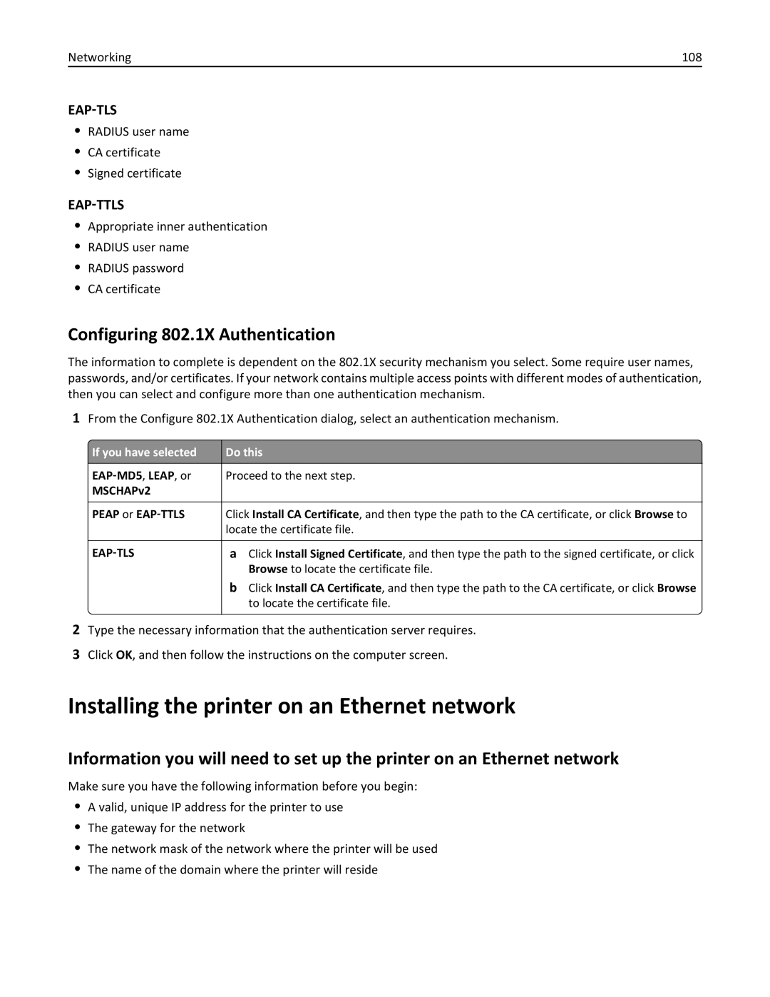 Lexmark 20E Installing the printer on an Ethernet network, Configuring 802.1X Authentication, If you have selected Do this 