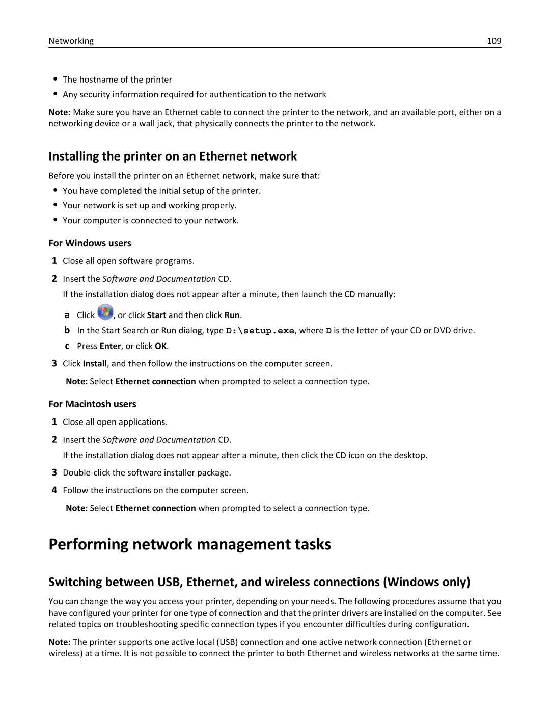 Lexmark 200, 20E manual Performing network management tasks, Installing the printer on an Ethernet network 