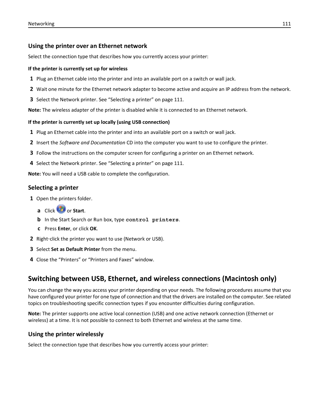 Lexmark 200 Using the printer over an Ethernet network, Selecting a printer, Select Set as Default Printer from the menu 