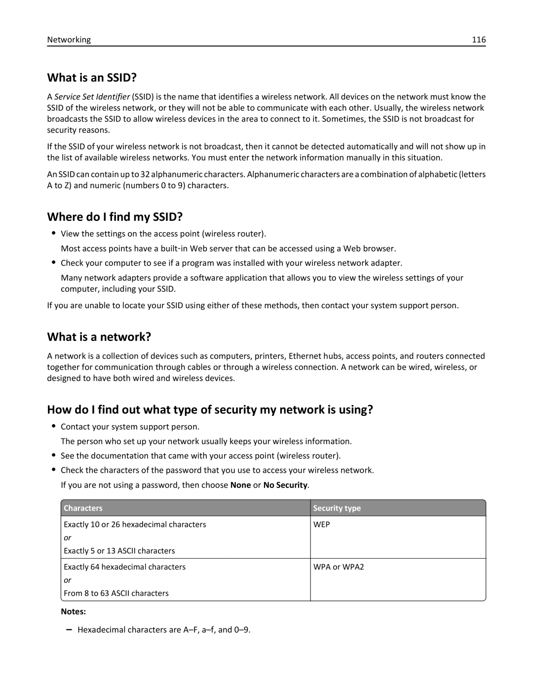 Lexmark 20E, 200 manual What is an SSID?, Where do I find my SSID?, What is a network?, Characters Security type 