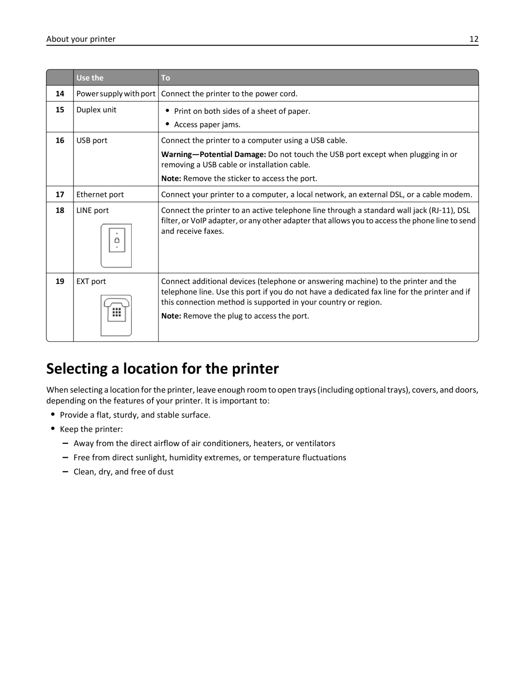 Lexmark 20E, 200 manual Selecting a location for the printer 