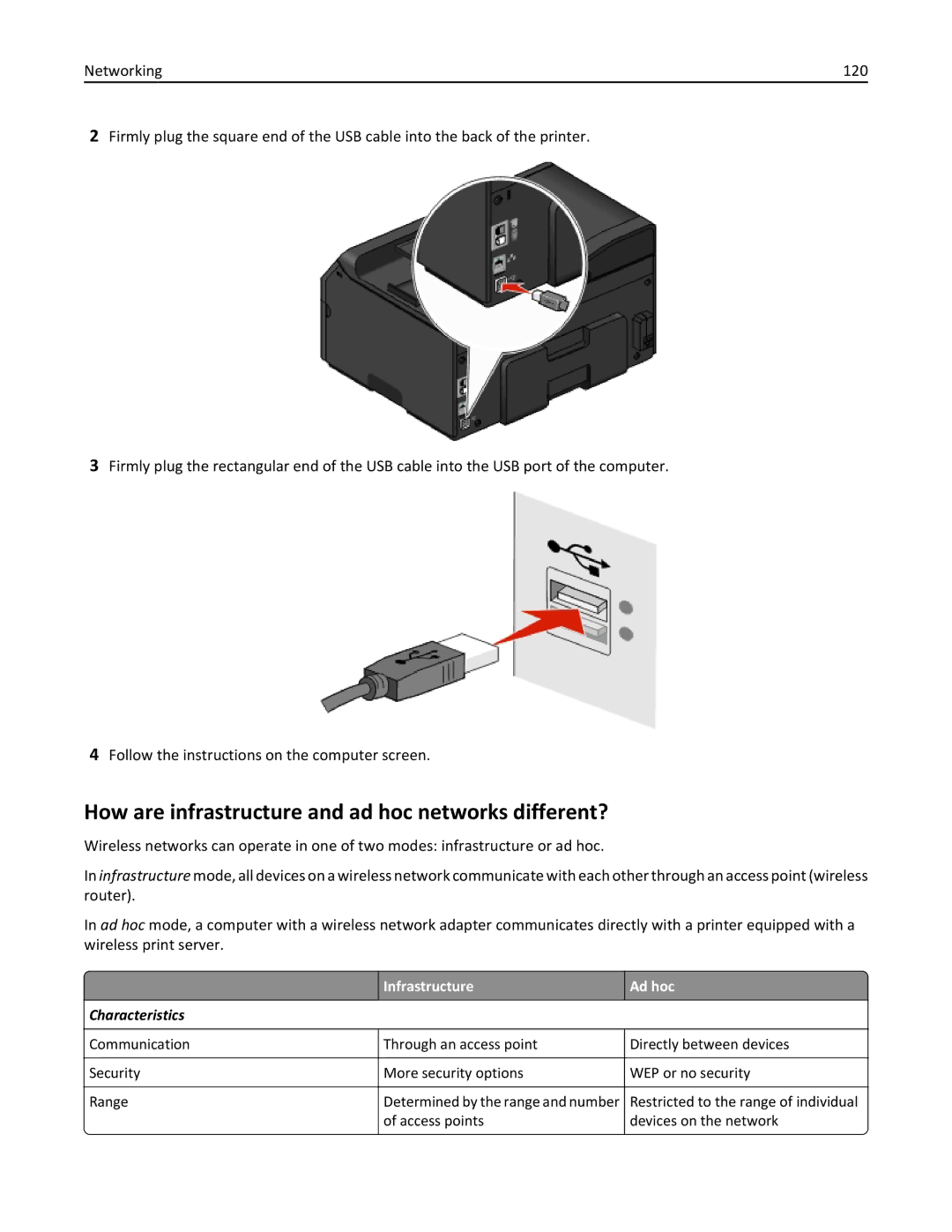 Lexmark 20E, 200 manual How are infrastructure and ad hoc networks different?, Infrastructure Ad hoc 