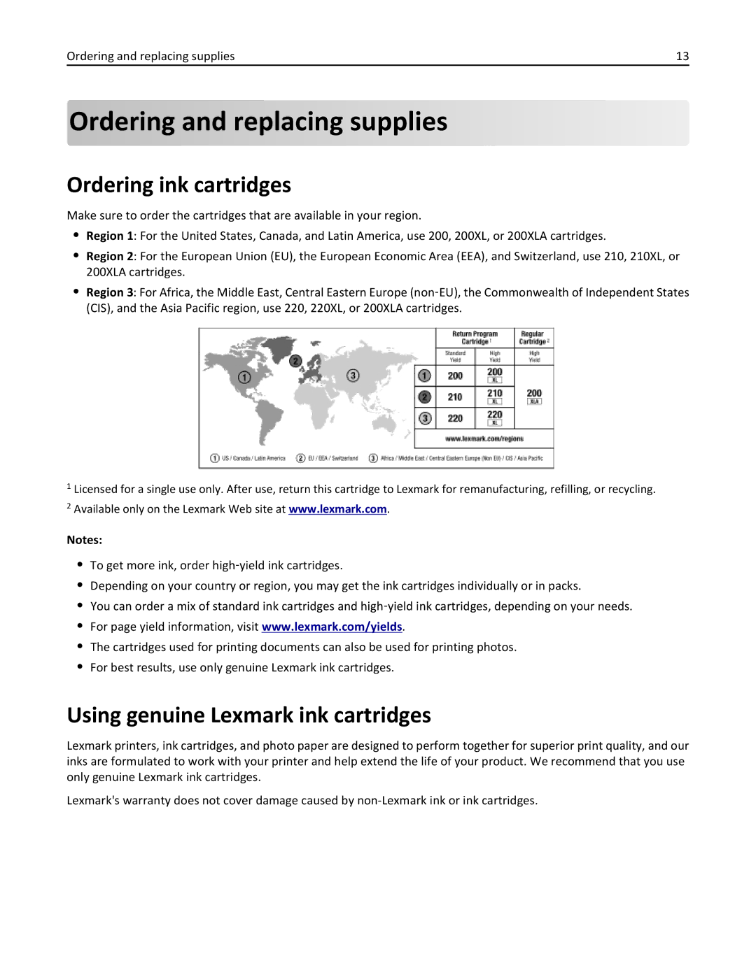 Lexmark 200, 20E manual Ordering and replacing supplies, Ordering ink cartridges, Using genuine Lexmark ink cartridges 