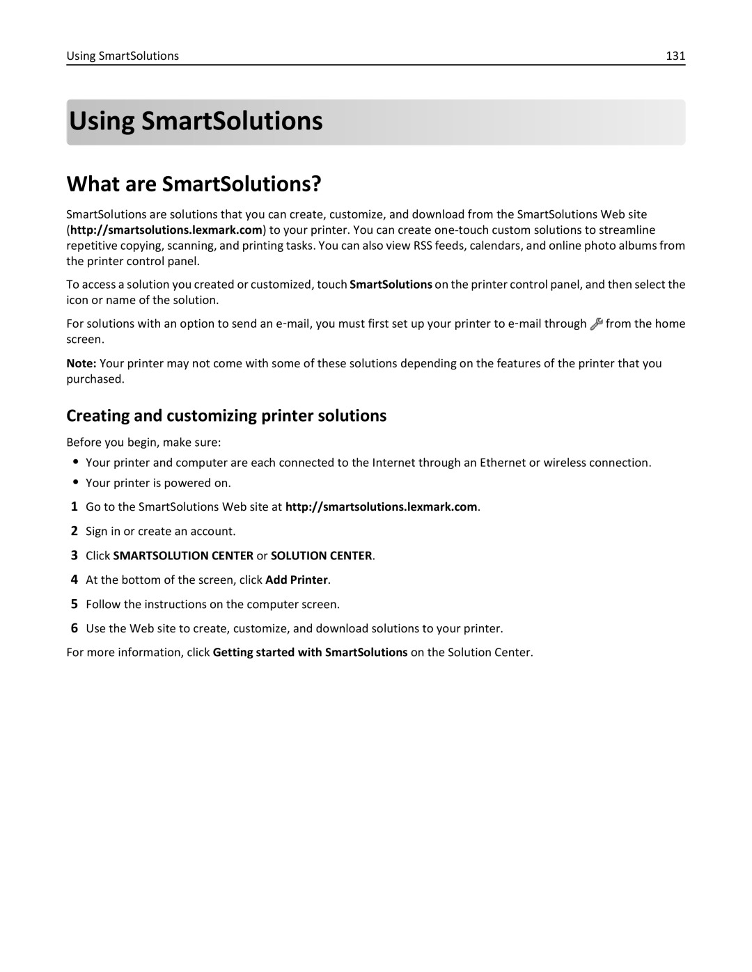 Lexmark 200, 20E manual Using SmartSolutions, What are SmartSolutions?, Creating and customizing printer solutions 