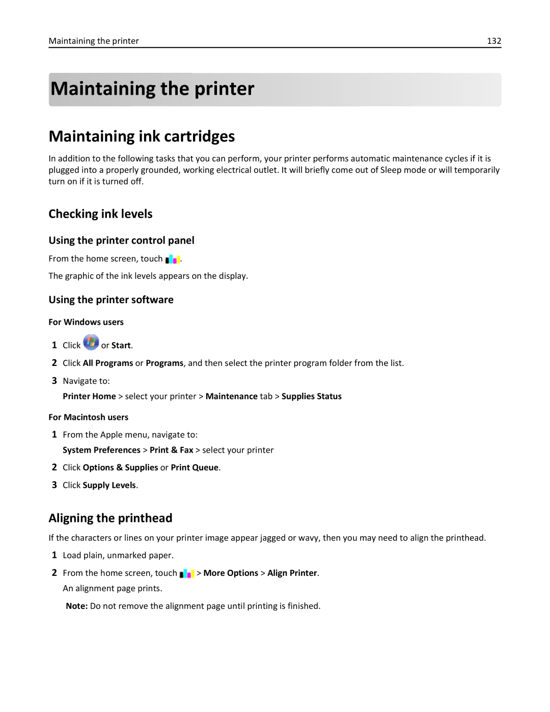 Lexmark 20E, 200 manual Maintaining the printer, Maintaining ink cartridges, Checking ink levels, Aligning the printhead 