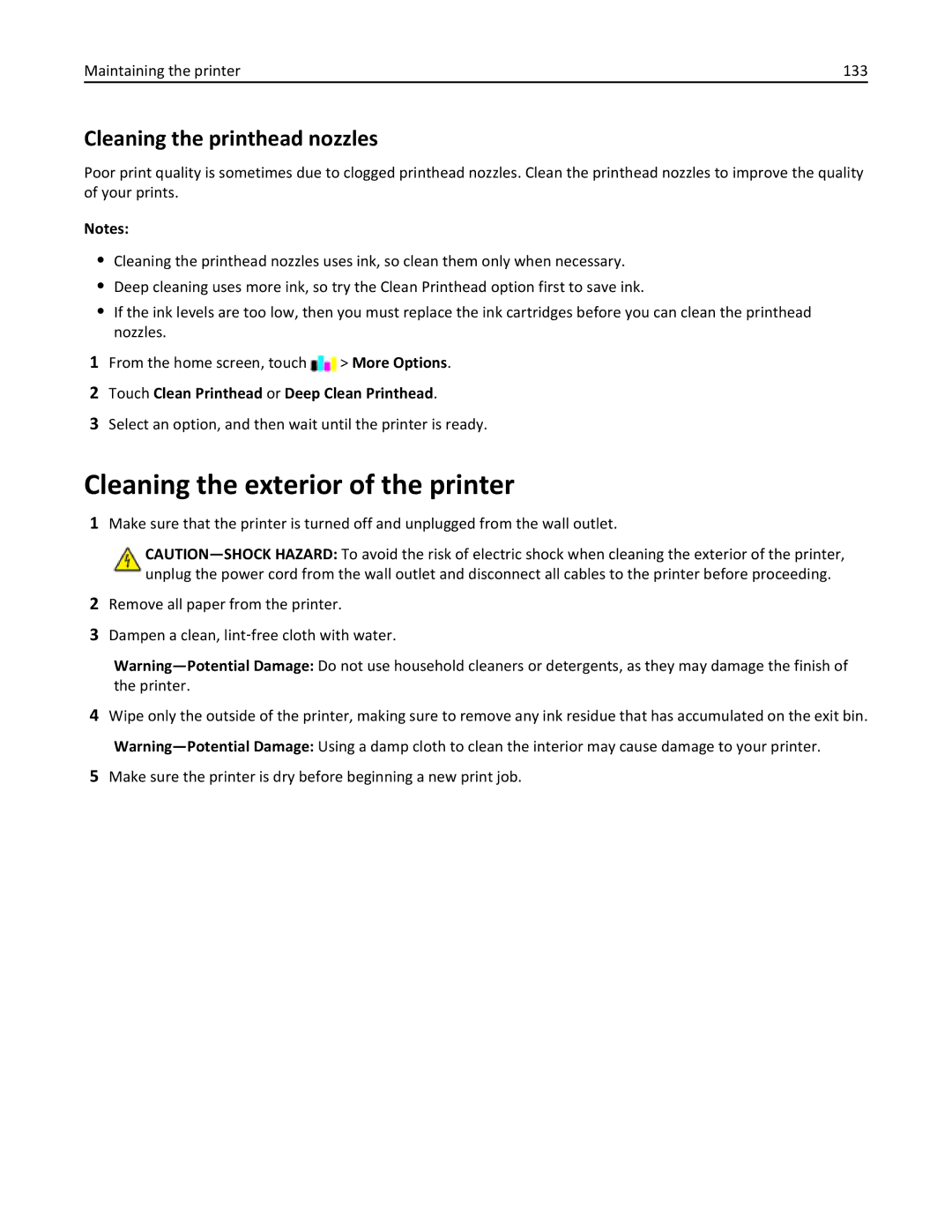 Lexmark 200, 20E manual Cleaning the exterior of the printer, Cleaning the printhead nozzles 